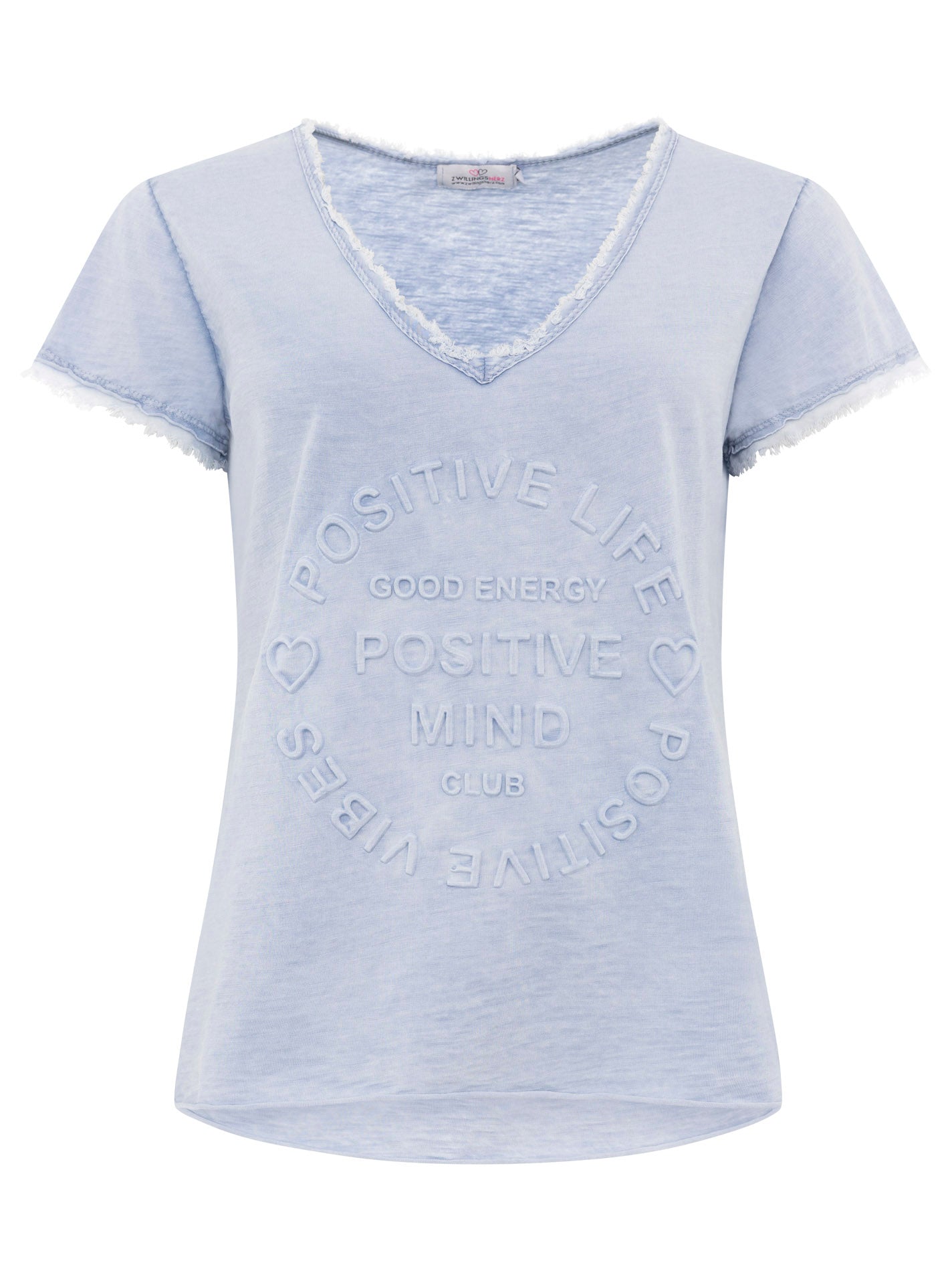 Zwillingsherz - Oversized T-Shirt "Positive Mind" Fransensaum - Jeansblau