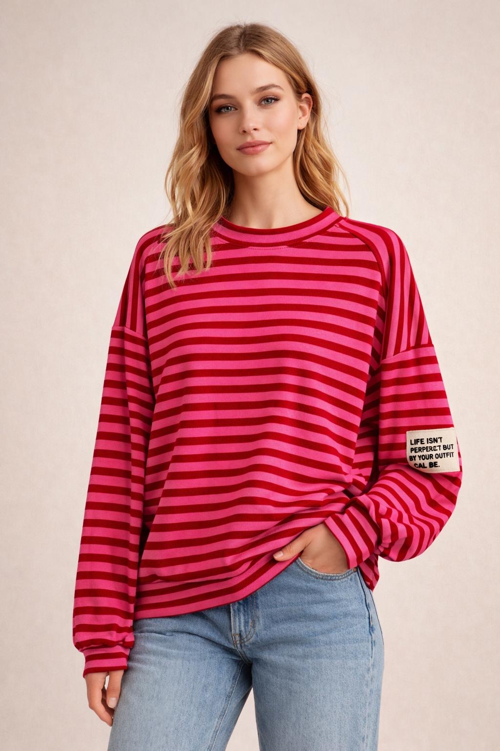 Flair - Leichtes Streifen Sweatshirt "Life isn’t Perfect but your Outfit can be" - Pink
