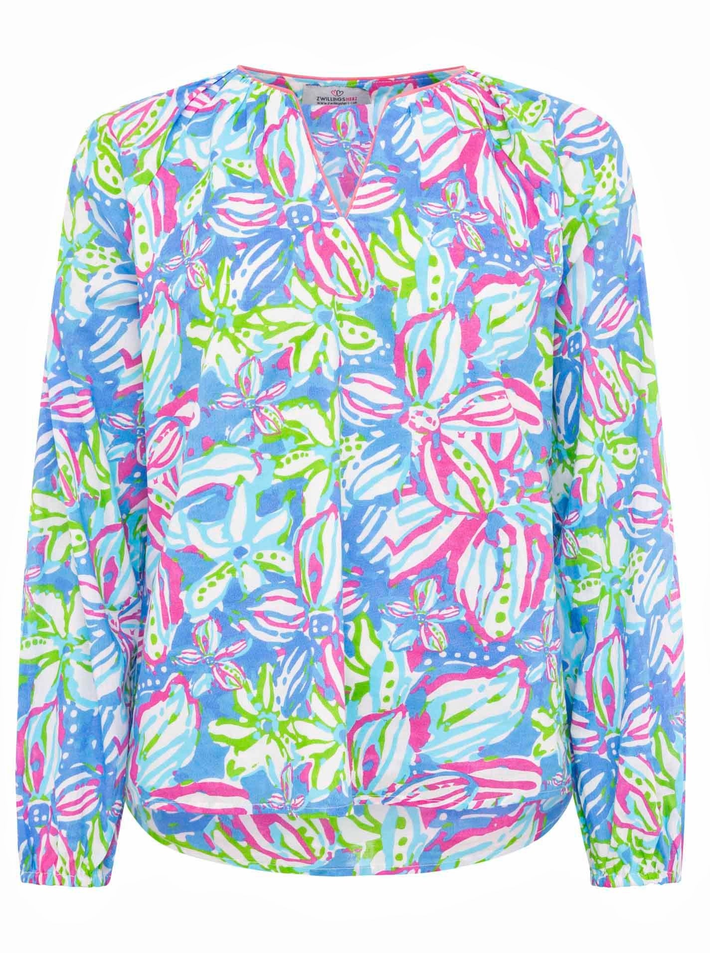 Zwillingsherz - Langarmbluse Blumentraum - Blau/Pink