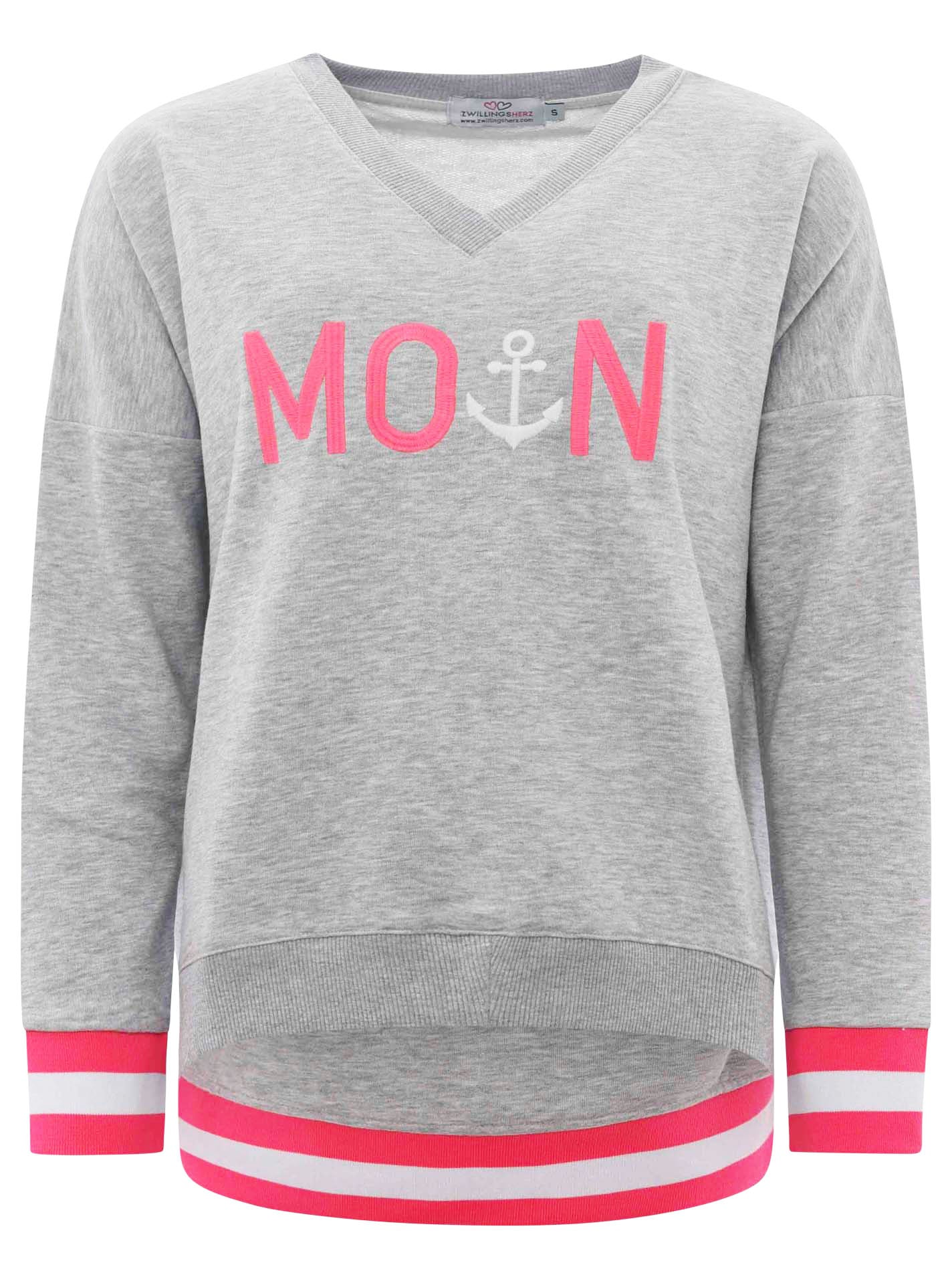 Zwillingsherz - Sweatshirt V-Ausschnitt "Moin Anker" - Grau/Pink