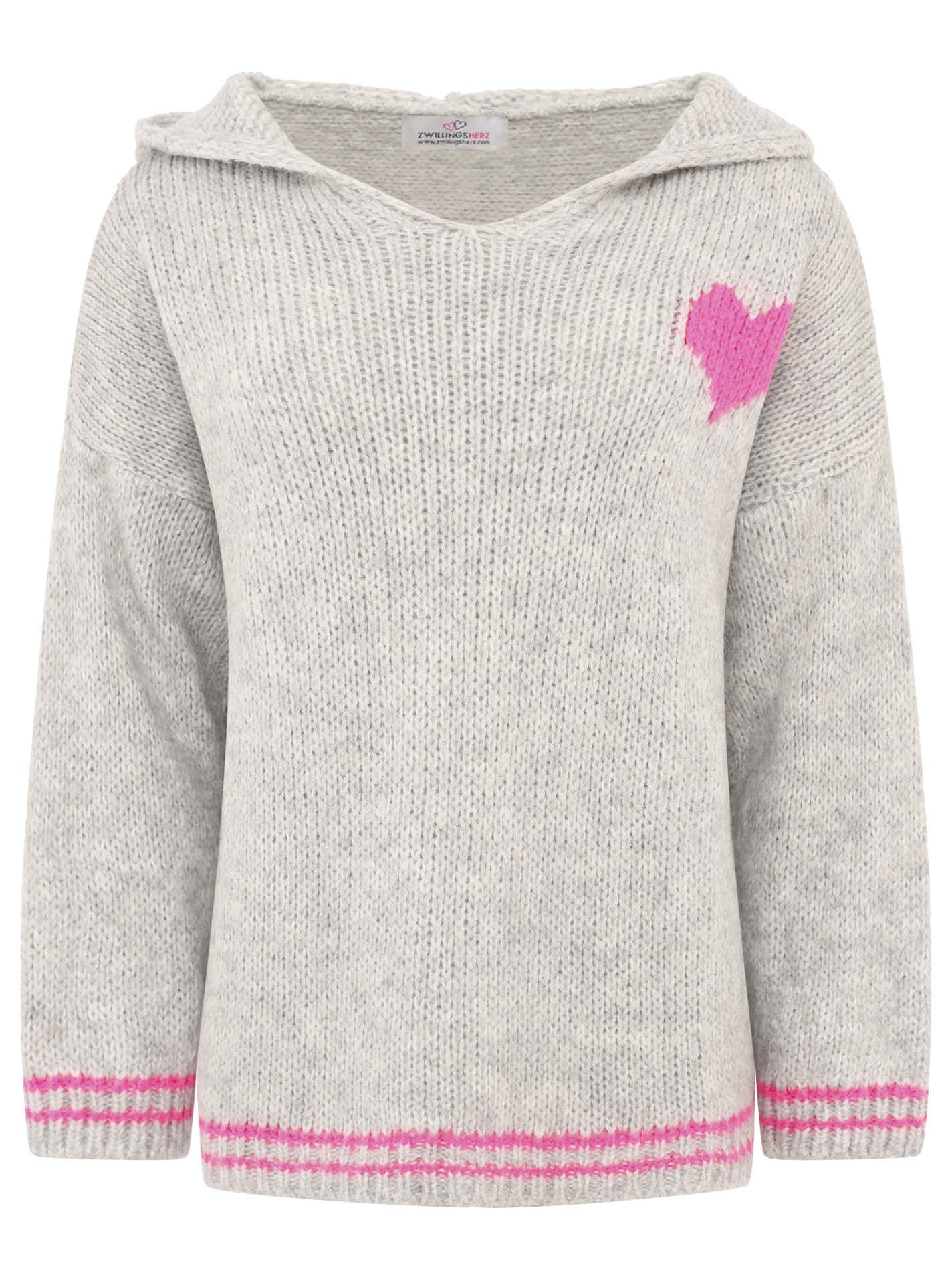 Oversize Strick Hoodie „Herz“ - Made in Italy - Grau/Pink