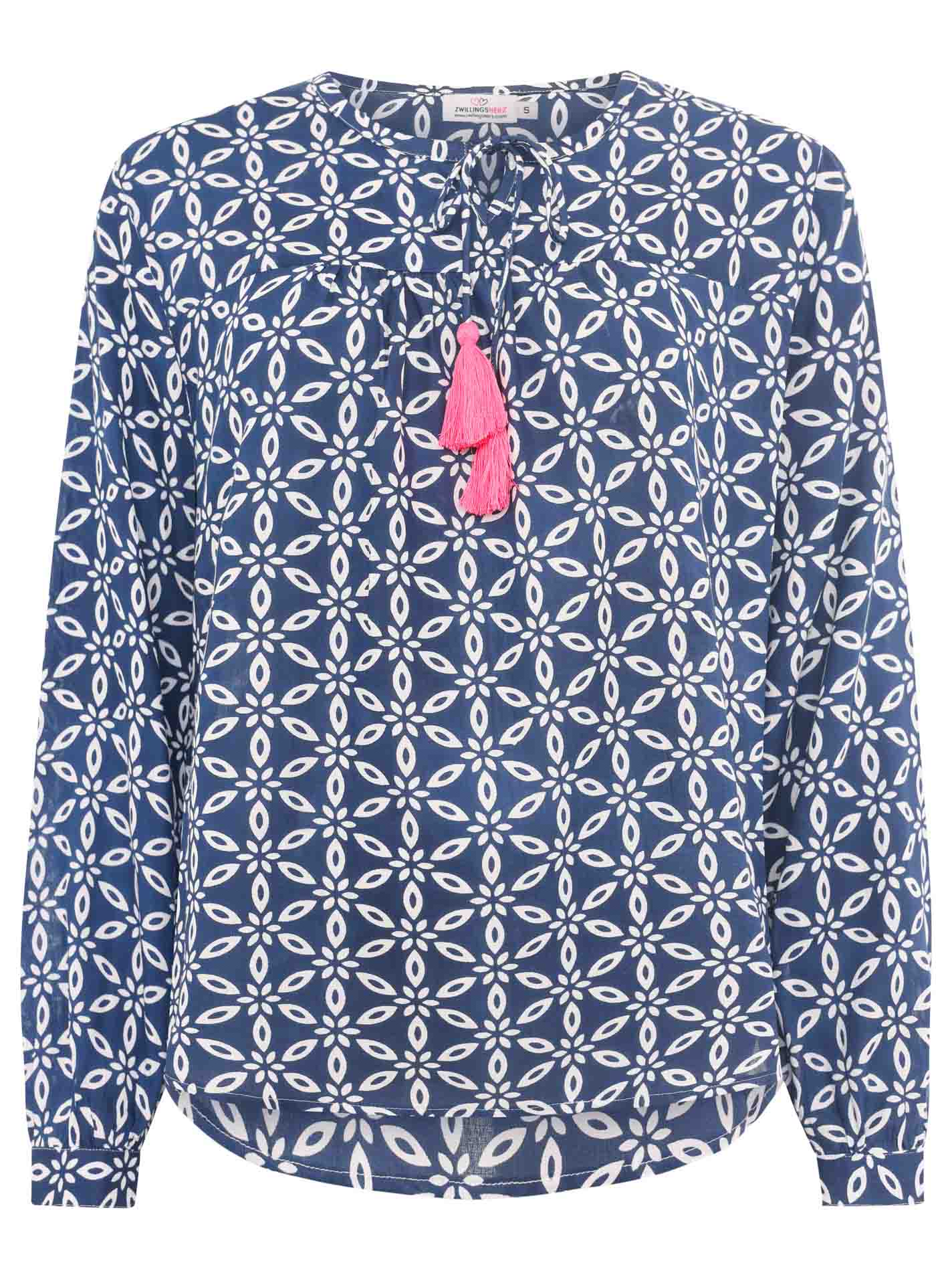 Zwillingsherz - Bluse "Stargazing" mit Design - Dunkelblau/Pink