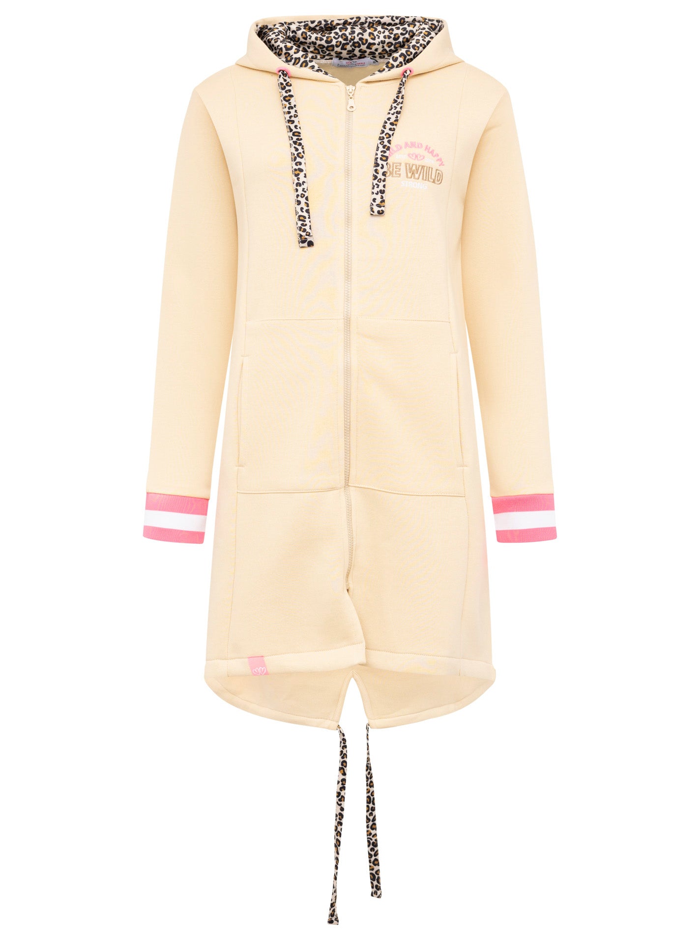 Zwillingsherz - Kapuzen-Sweatjacke Hoodiemantel "Be Wild & Happy - Beige/Pink Leo (NEU)