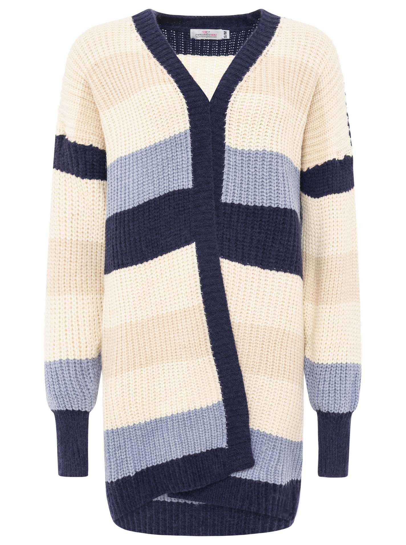Zwillingsherz - Cardigan Grobstrick Streifen - Blau/Creme