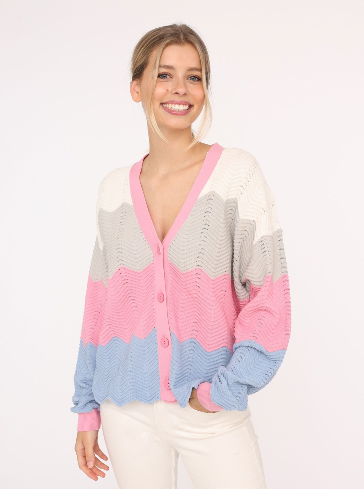 Zwillingsherz - Cardigan Wellen Zweifarbig - Rosa/Blau/Grau