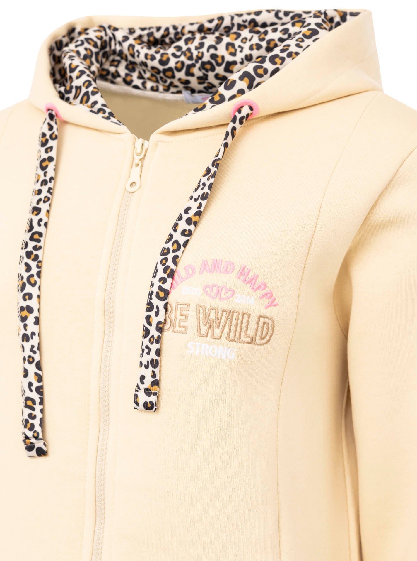 Zwillingsherz - Kapuzen-Sweatjacke Hoodiemantel "Be Wild & Happy - Beige/Pink Leo (NEU)