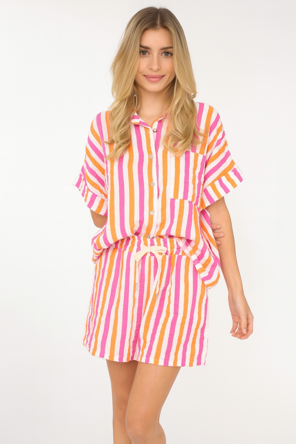 Zwillingsherz Musselin Set Streifen (Bluse + Shorts) - Pink/Orange