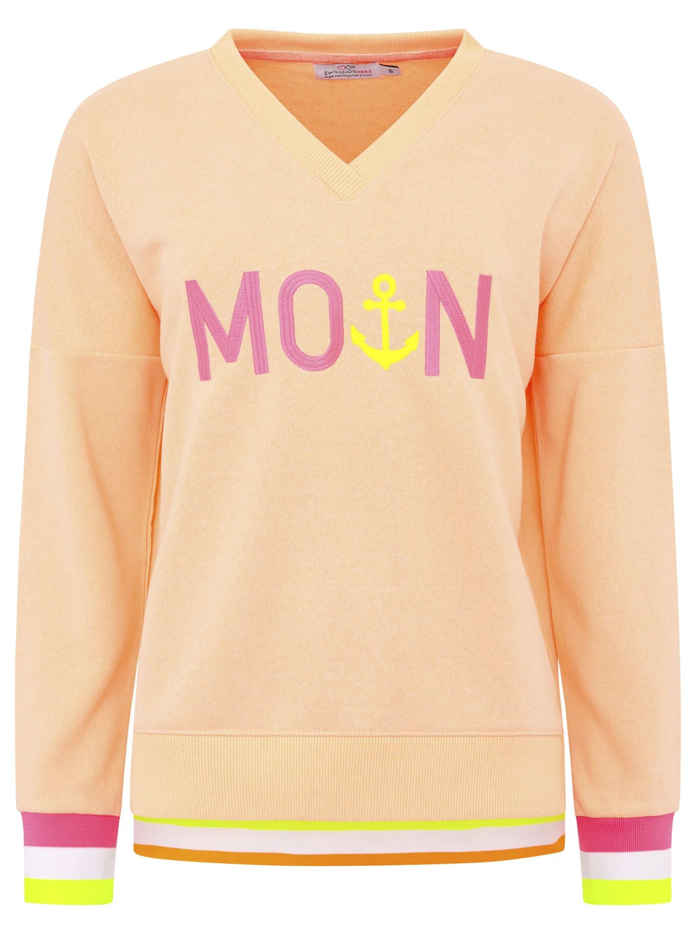 Zwillingsherz - Sweatshirt V-Ausschnitt "Moin Anker" - Apricot/Orange
