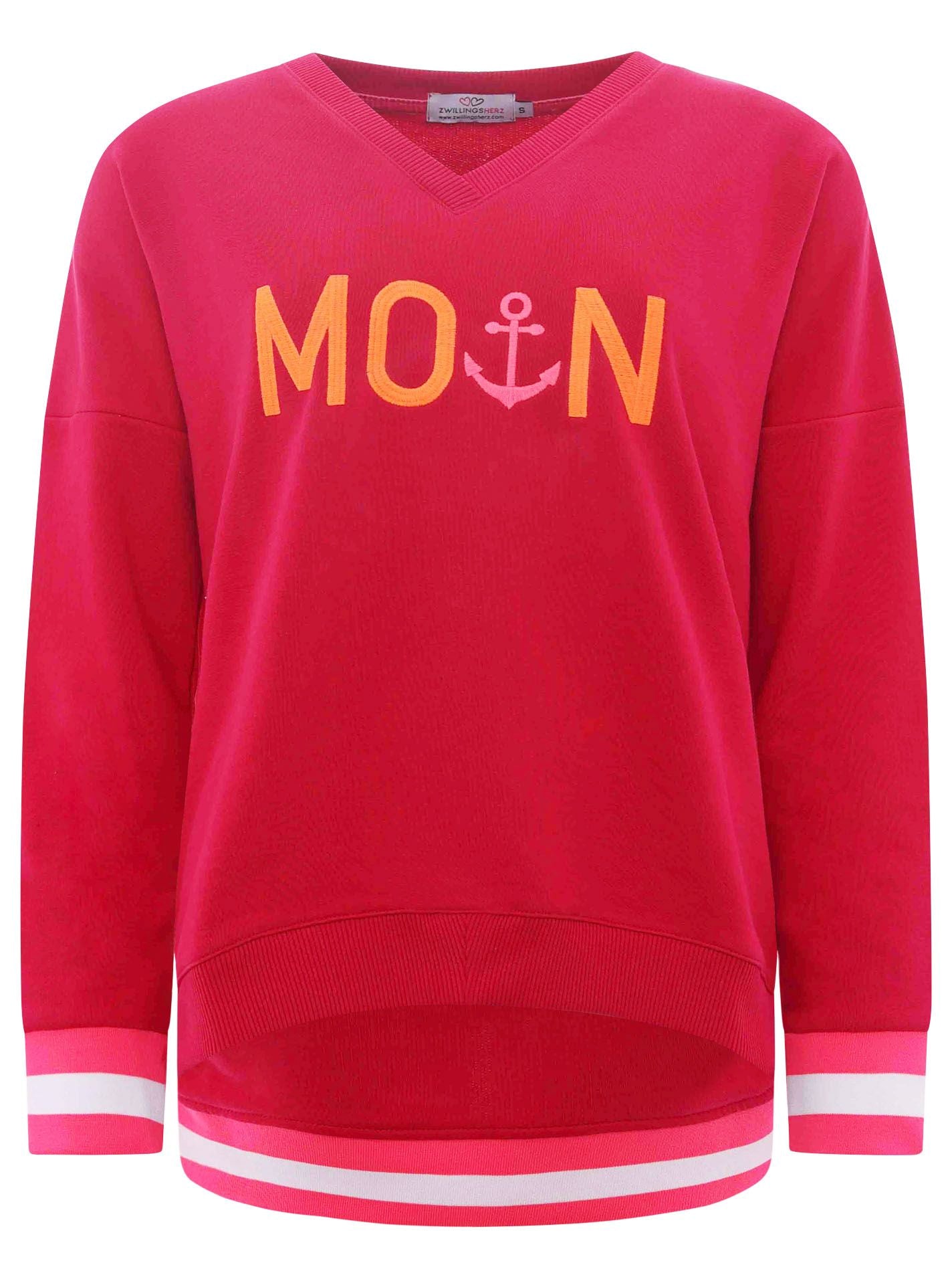 Zwillingsherz - Sweatshirt V-Ausschnitt "Moin Anker" - Magenta/Rot