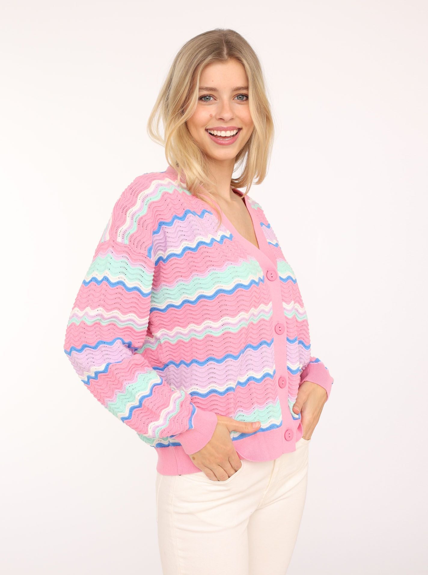 Zwillingsherz - Cardigan Wellen Zweifarbig - Rosa/Blau/Grau