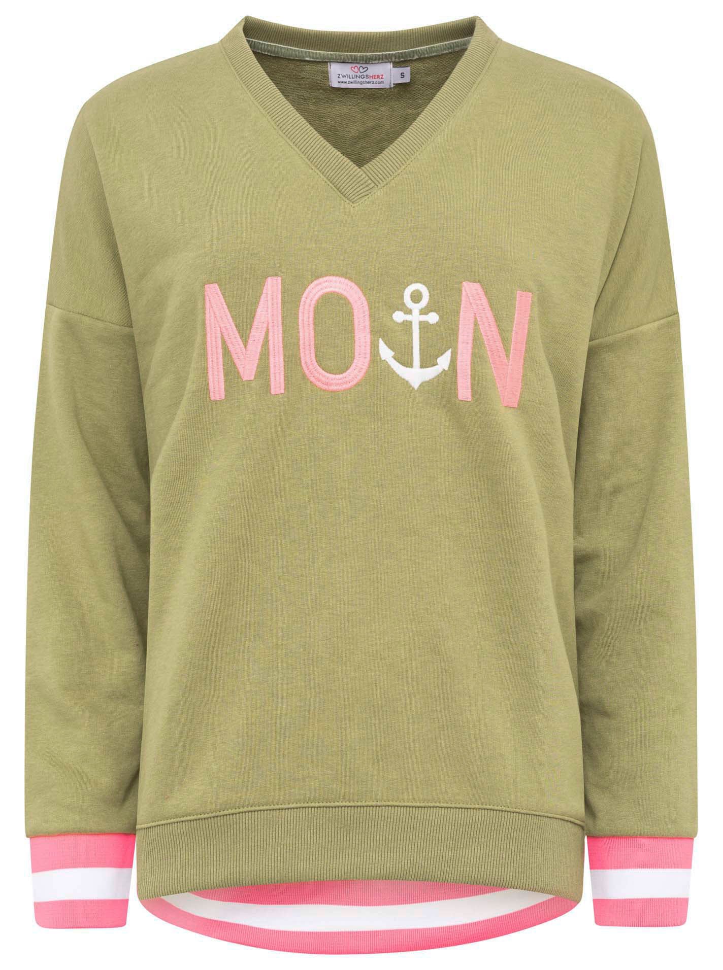 Zwillingsherz - Sweatshirt V-Ausschnitt "Moin Anker" - Khaki/Olive