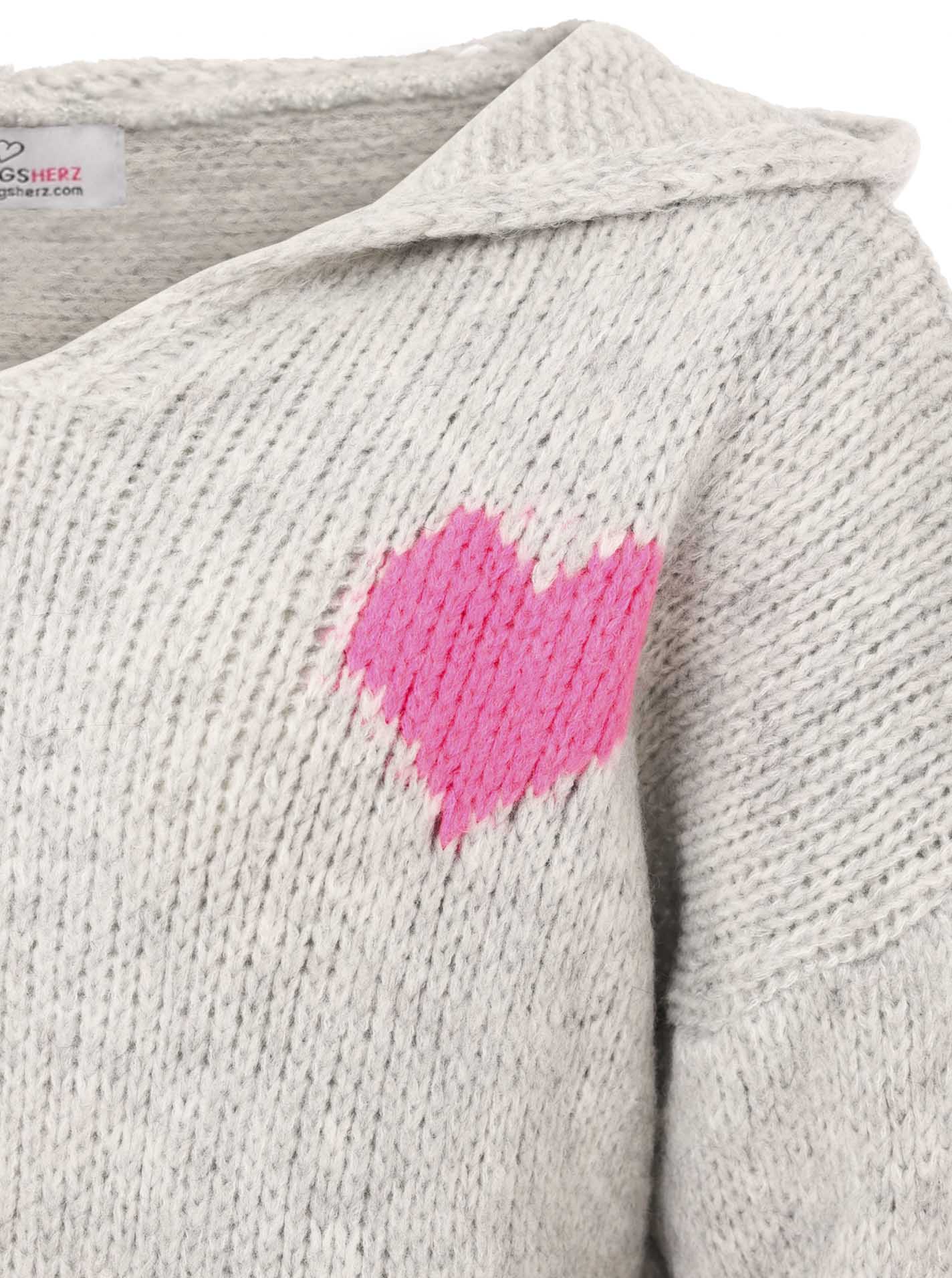 Oversize Strick Hoodie „Herz“ - Made in Italy - Grau/Pink