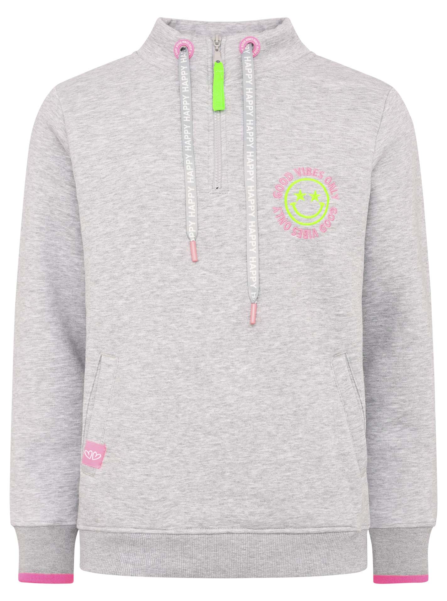 Zwillingsherz - Troyer Zipper „Smiley Good Vibes“ "- Grau/Pink