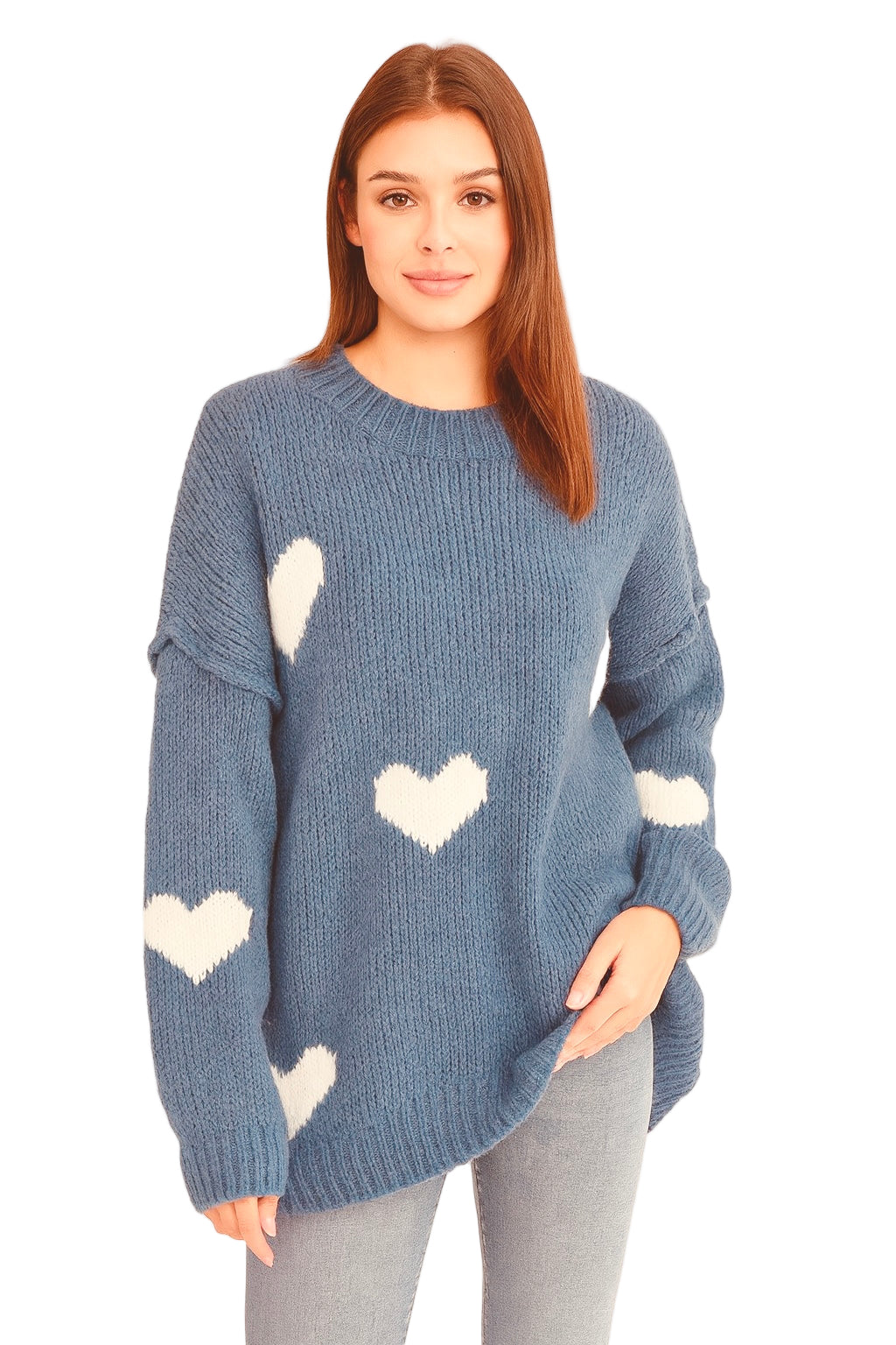 Strick-Pullover Wolle mit naht "Herzen" - Graublau