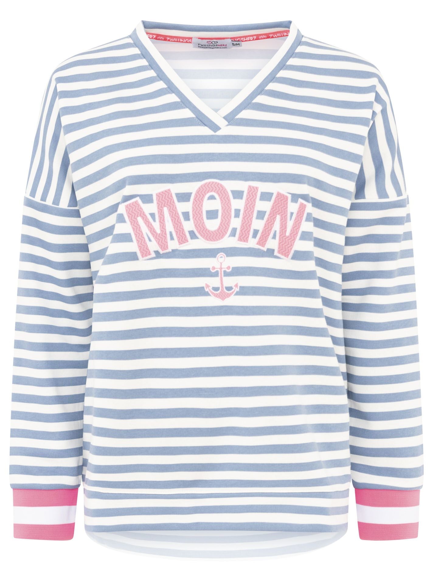 Zwillingsherz - Moin Sweatshirt V-Ausschnitt Streifen - Blau/Rosa