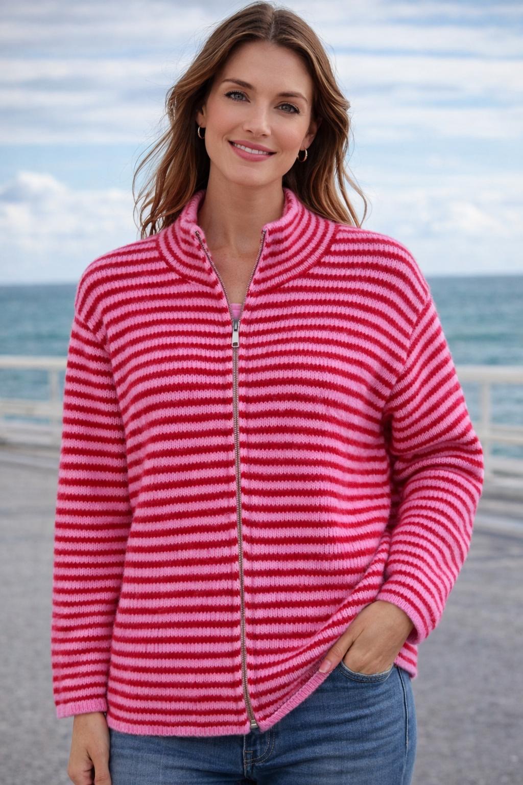 Flair - Leichte Strickjacke mit Wolle und Reißverschluss - Streifen Pink