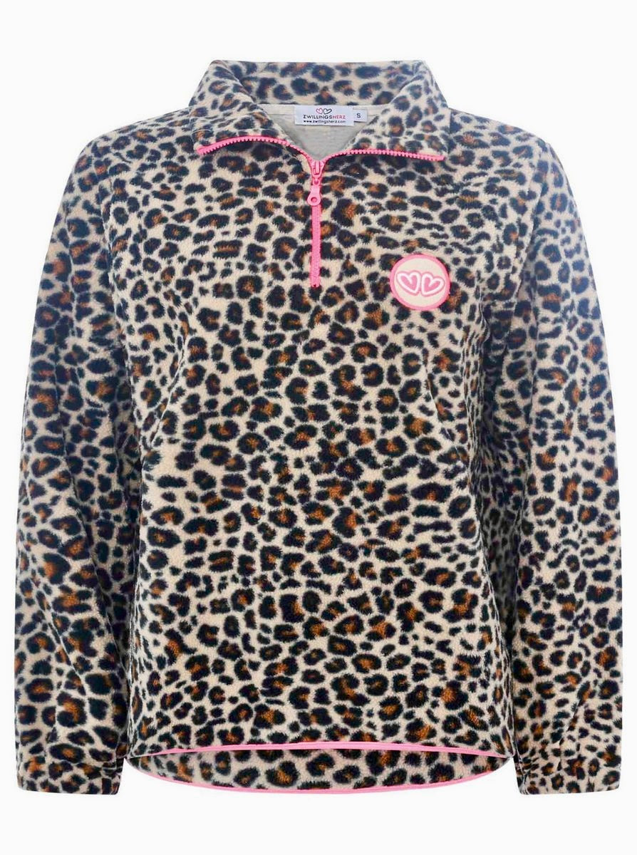 Zwillingsherz - Troyer Sweat Zipper "Leo Leopard" - Beige/Pink