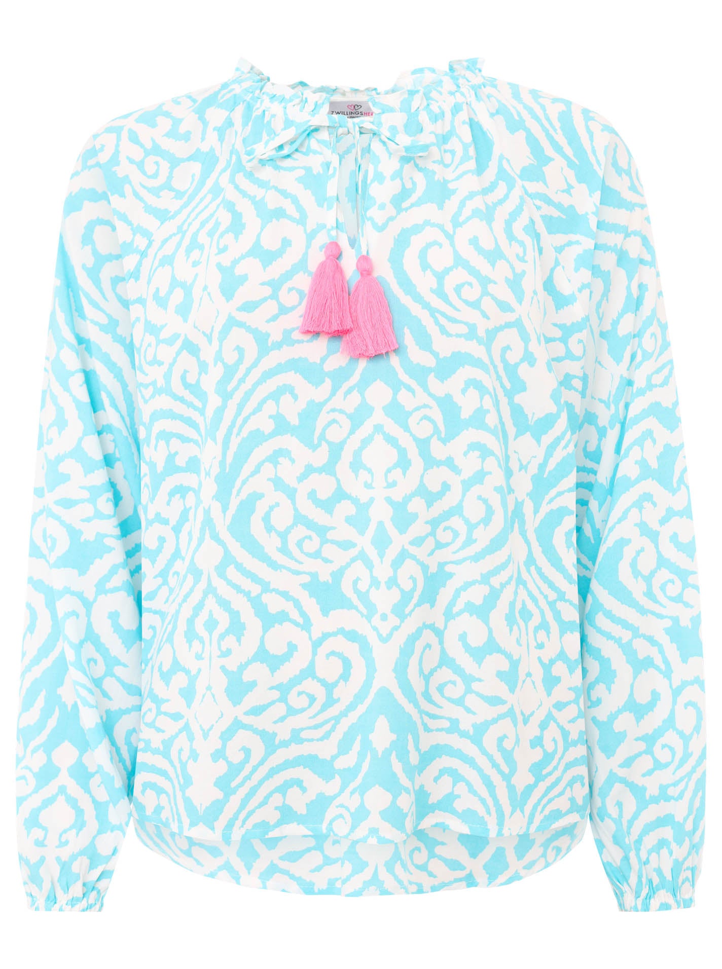 Zwillingsherz - Langarmbluse Ornamente- Hellblau/Pink