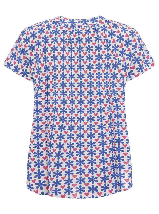 Zwillingsherz - Kurzarm Bluse - Blau/Weiß/Pink