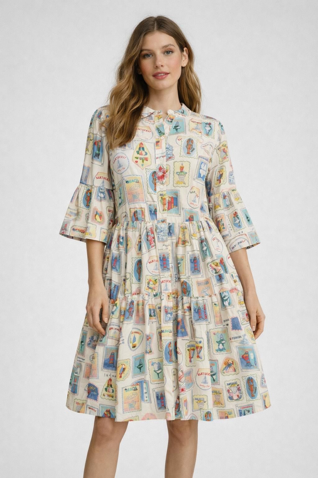 Maritimes Viskosekleid mit Knöpfen - Offwhite