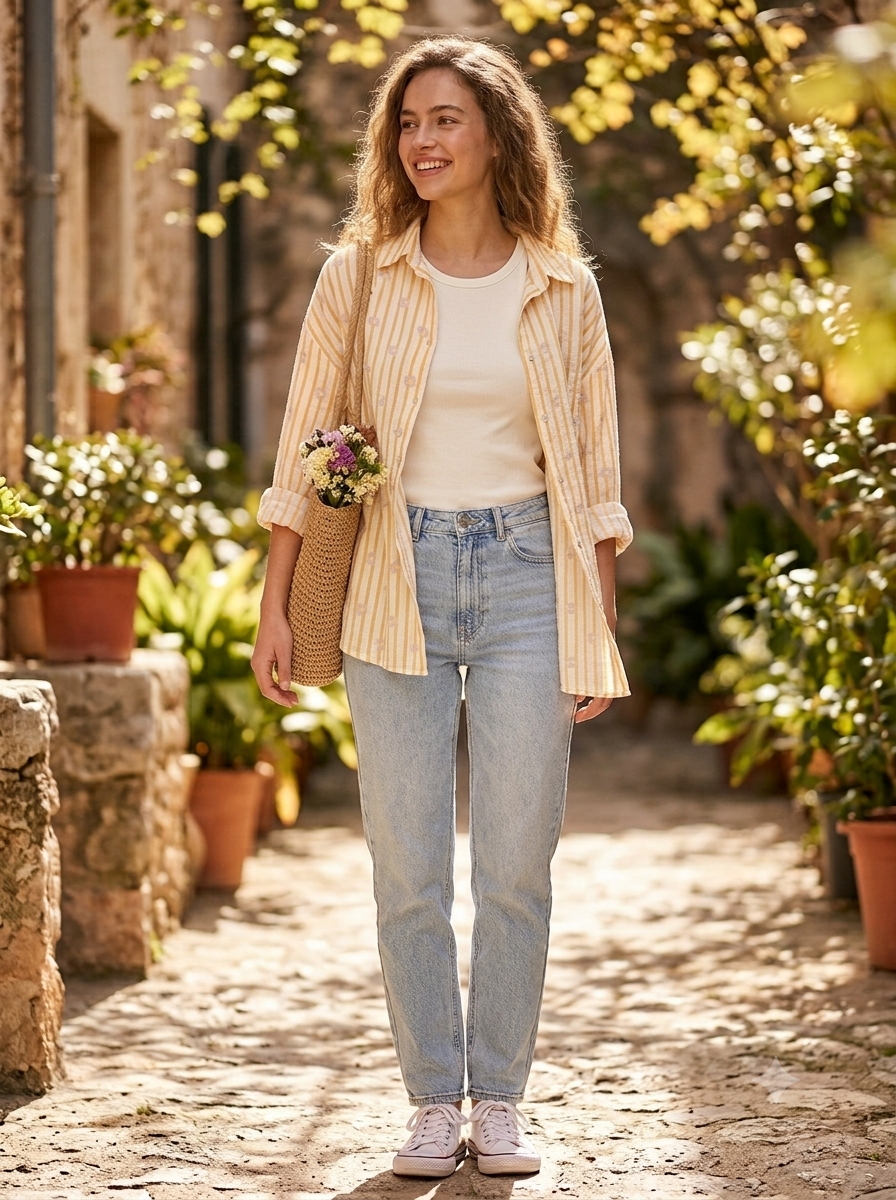 Musselin-Bluse Streifen & Blumen - Orange/Flieder