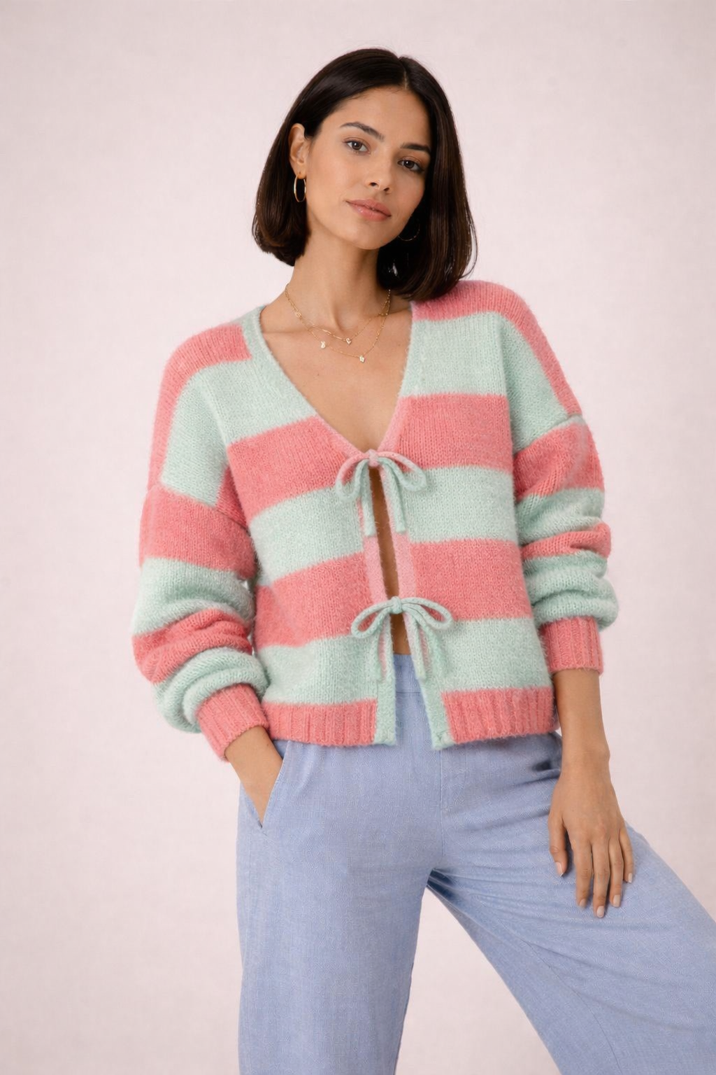 Zweifarbiger Cardigan mit Schleife - Koralle/Grün