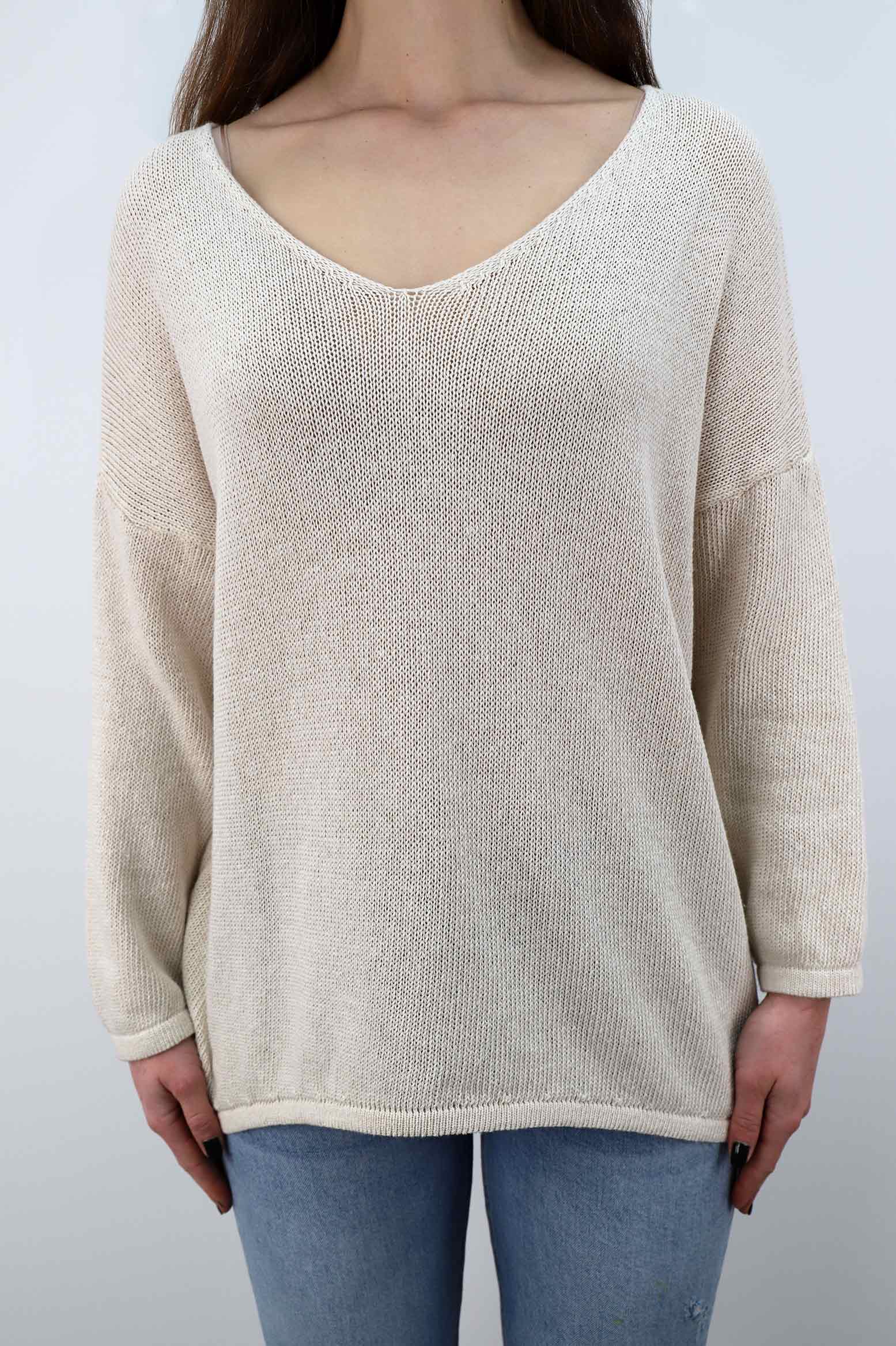 Oversized Pullover mit V-Ausschnitt - Creme