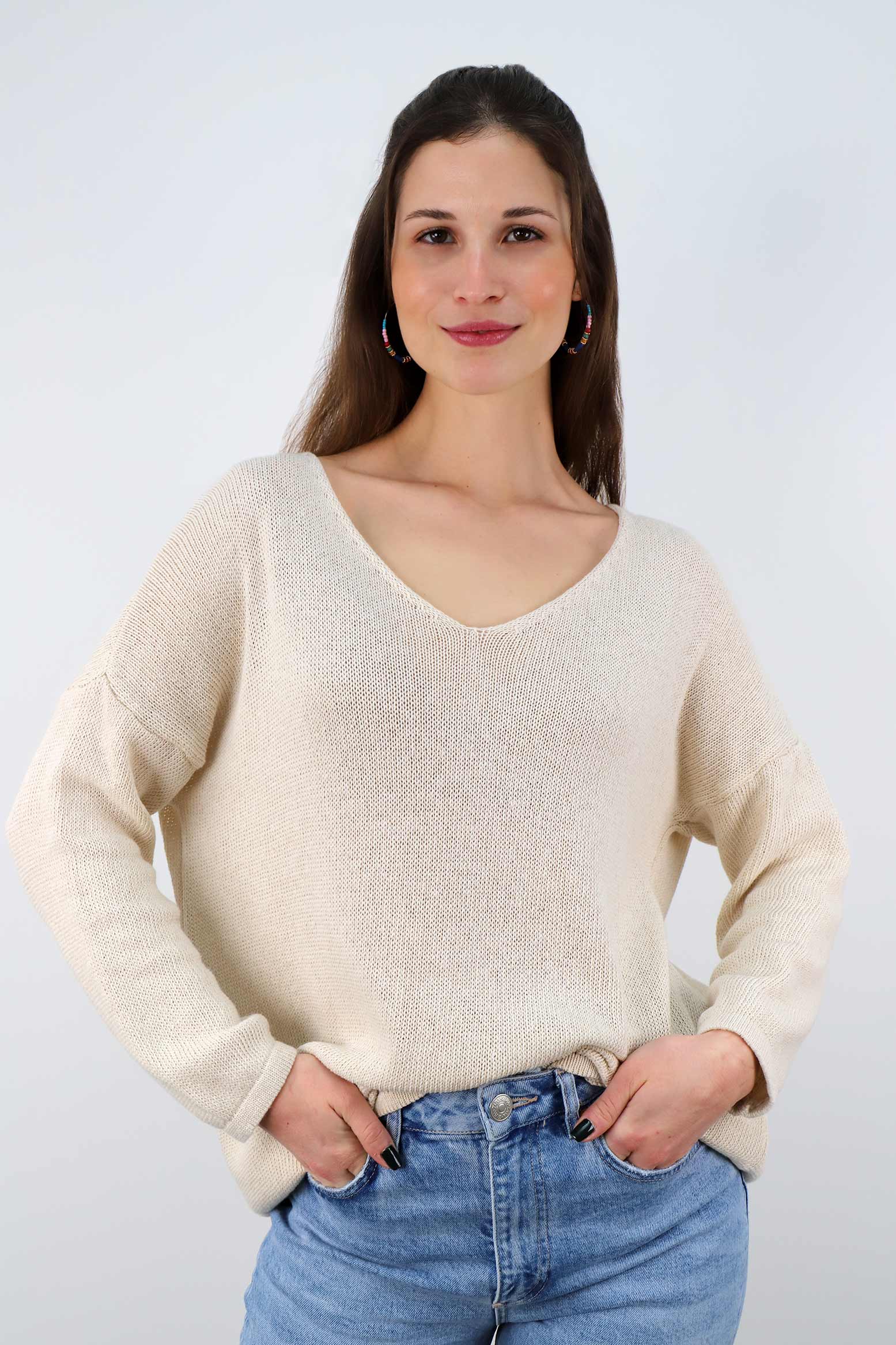 Oversized Pullover mit V-Ausschnitt - Creme