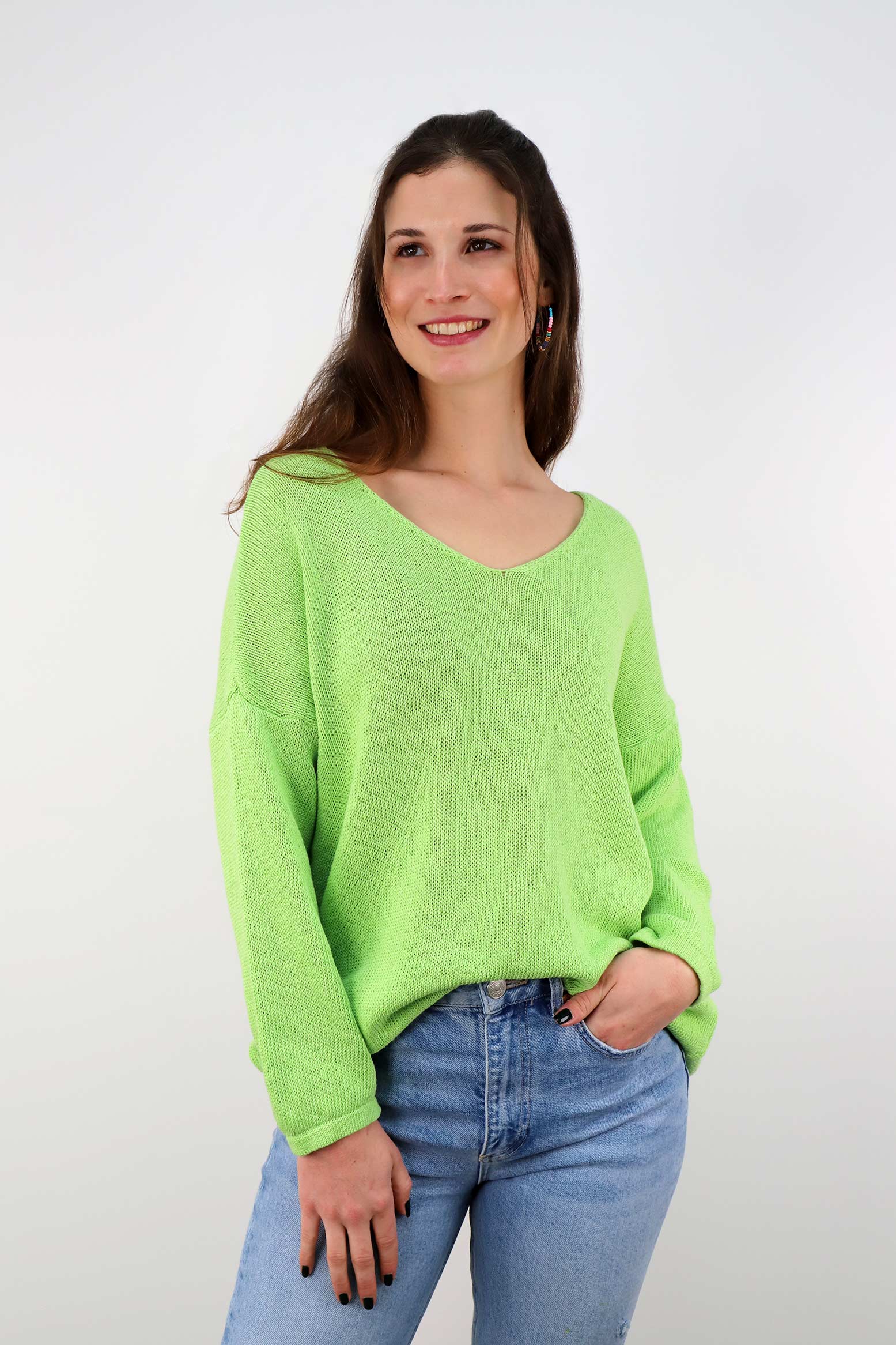 Oversized Pullover mit V-Ausschnitt - Limette