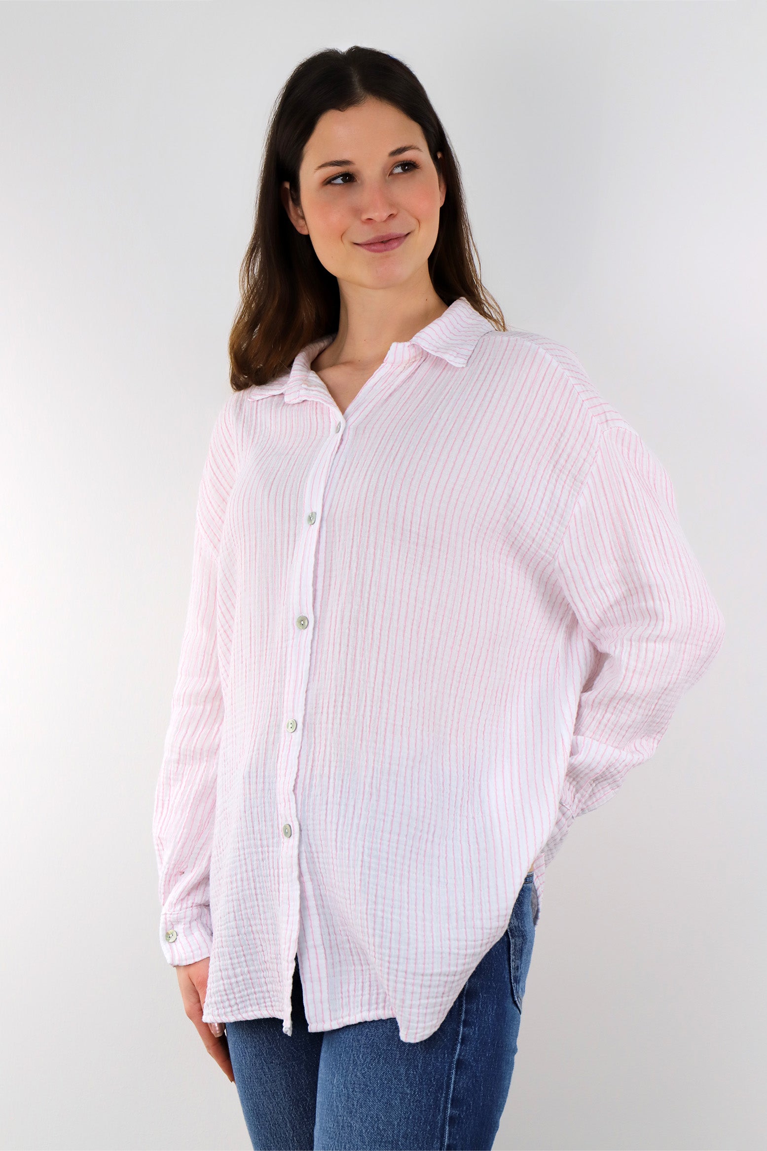 Zwillingsherz - Musselin Bluse mit Streifen - Weiß/Rosa