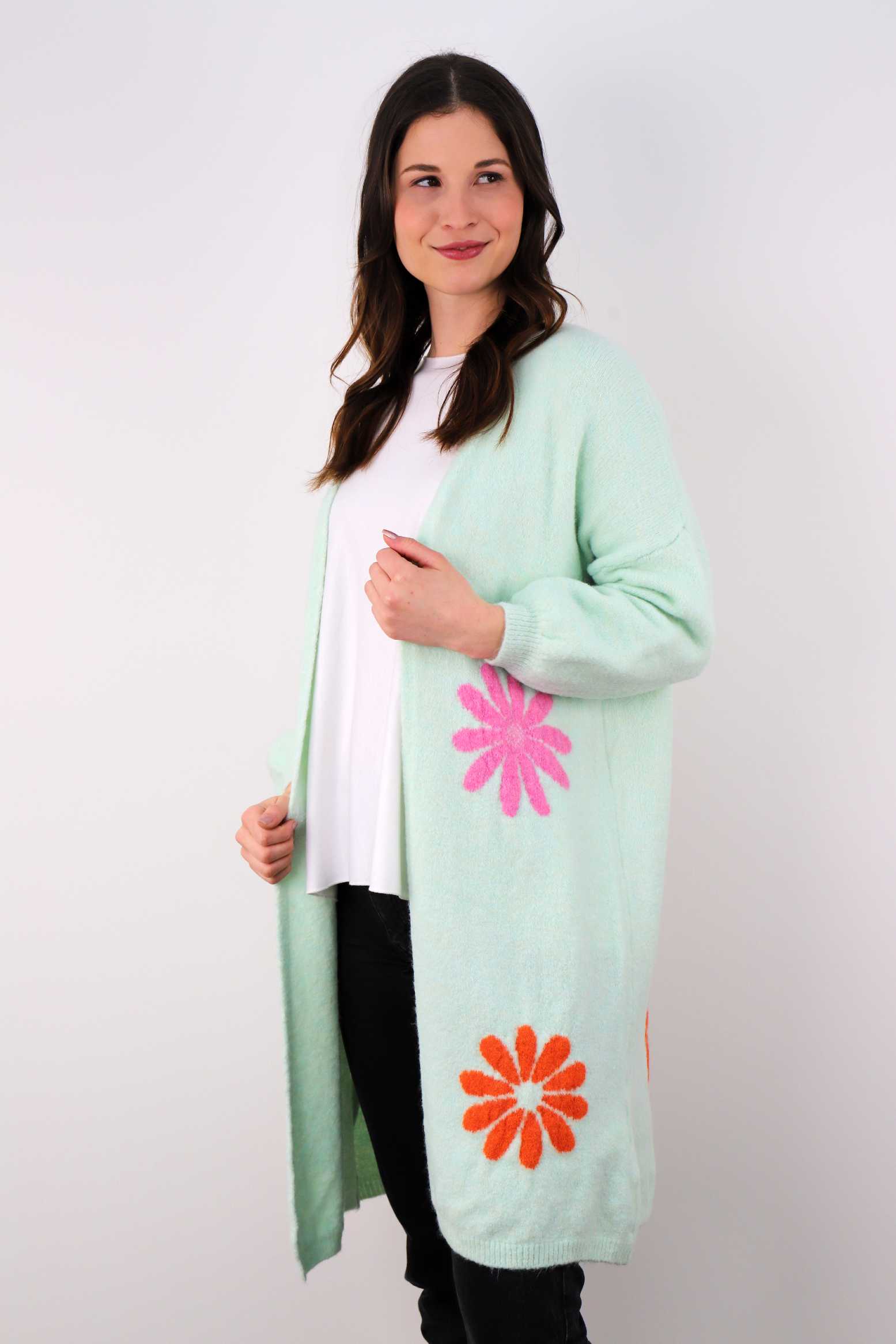 Strickjacke mit Blumen - Mint