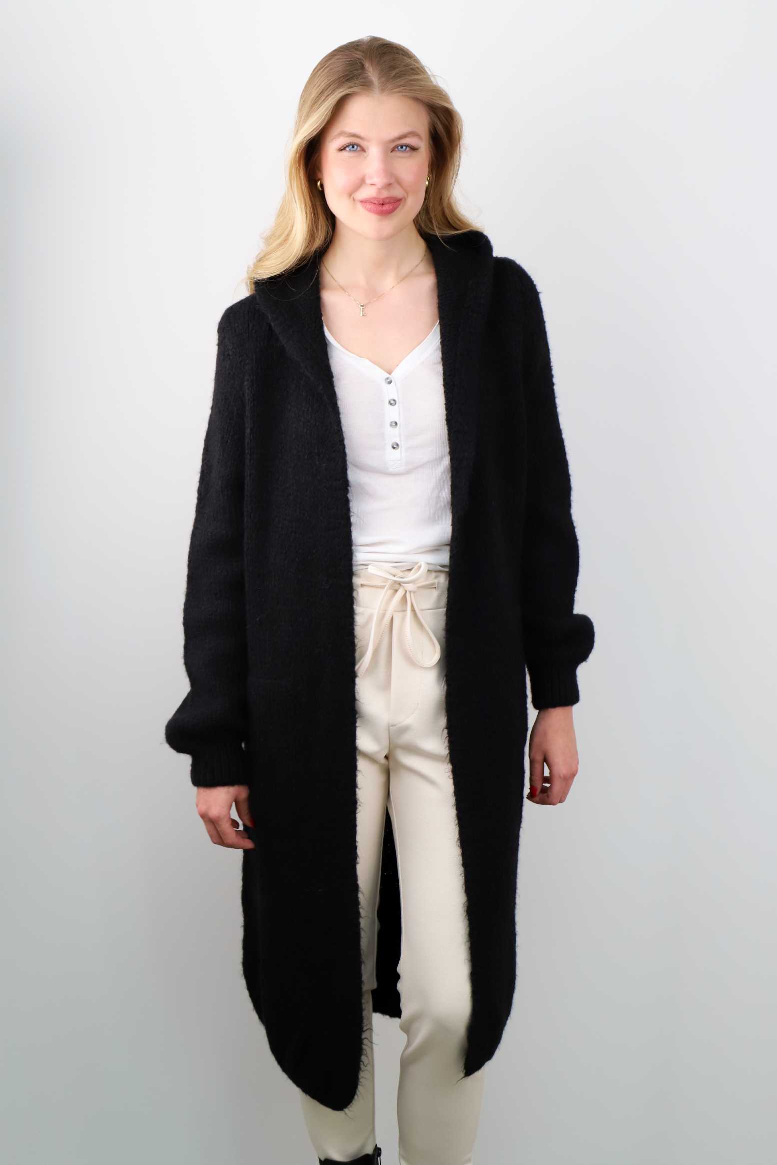 Strickjacke mit Taschen und Kapuze - Schwarz