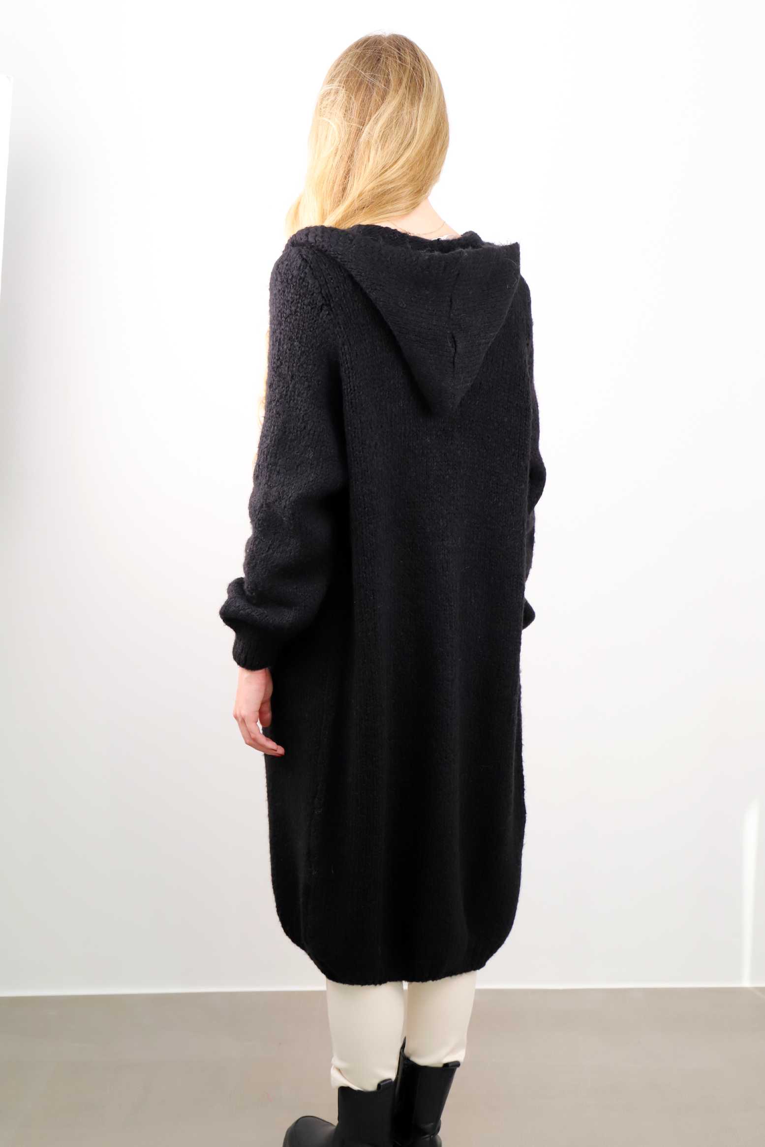Strickjacke mit Taschen und Kapuze - Schwarz