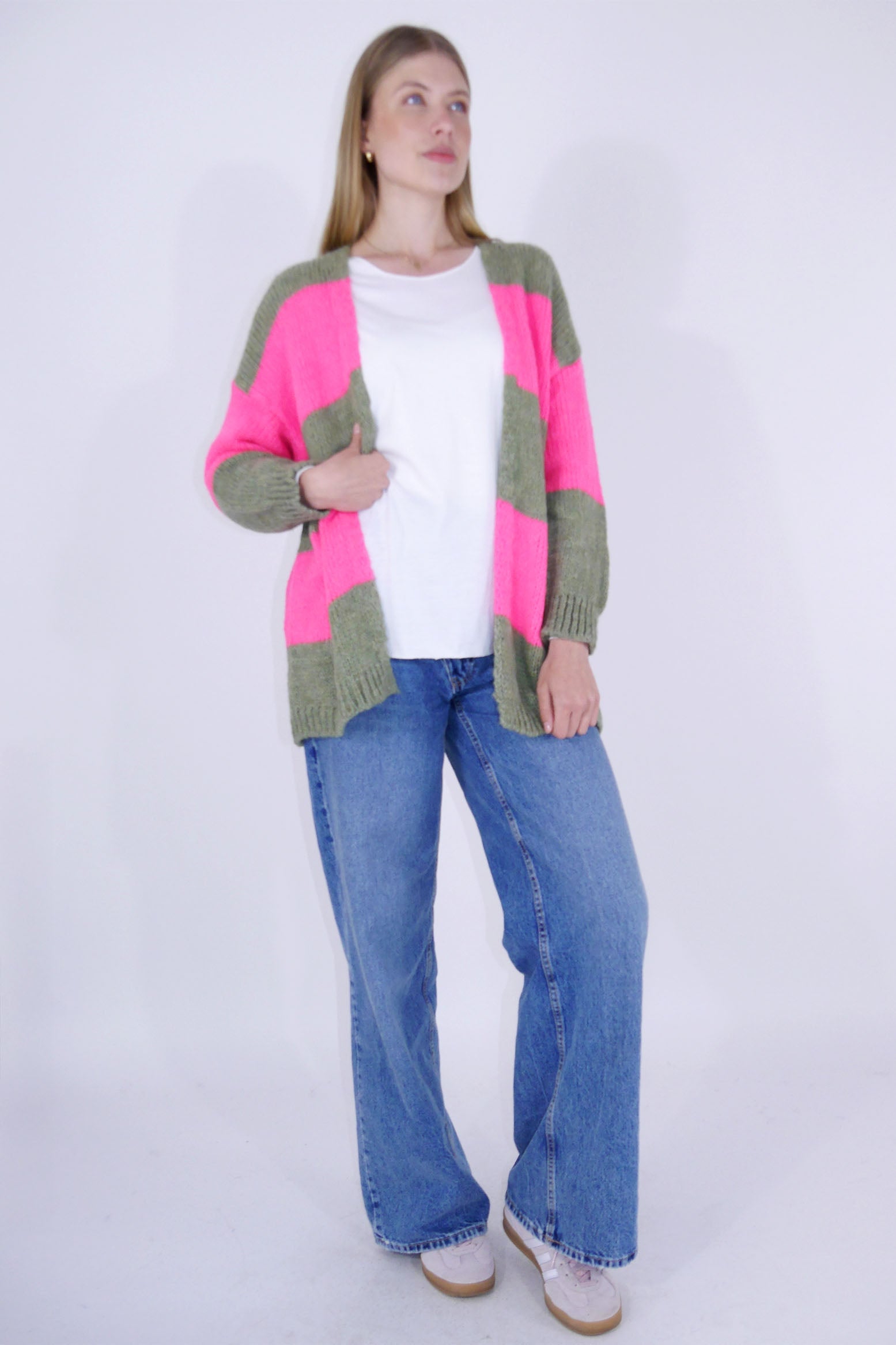 Hochwertige Strickjacke/Cardigan - Khaki/Pink