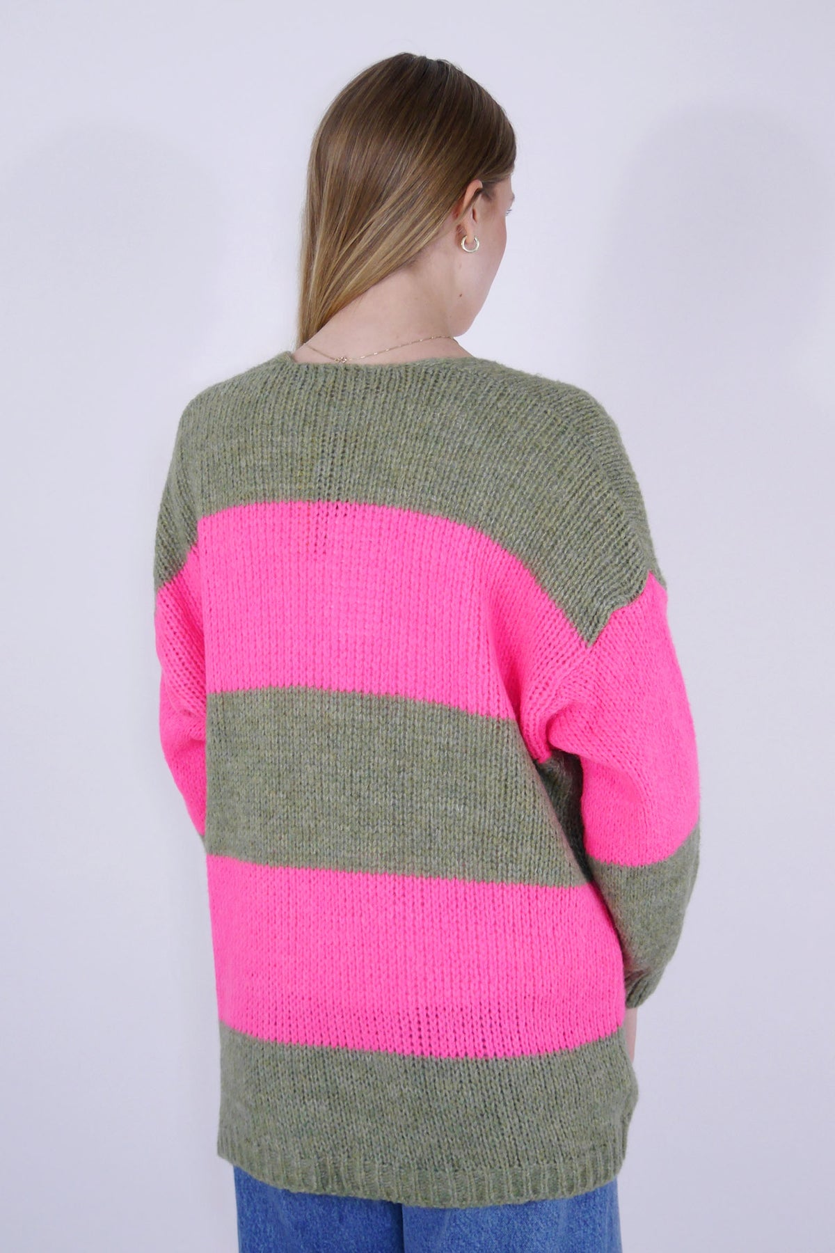 Hochwertige Strickjacke/Cardigan - Khaki/Pink