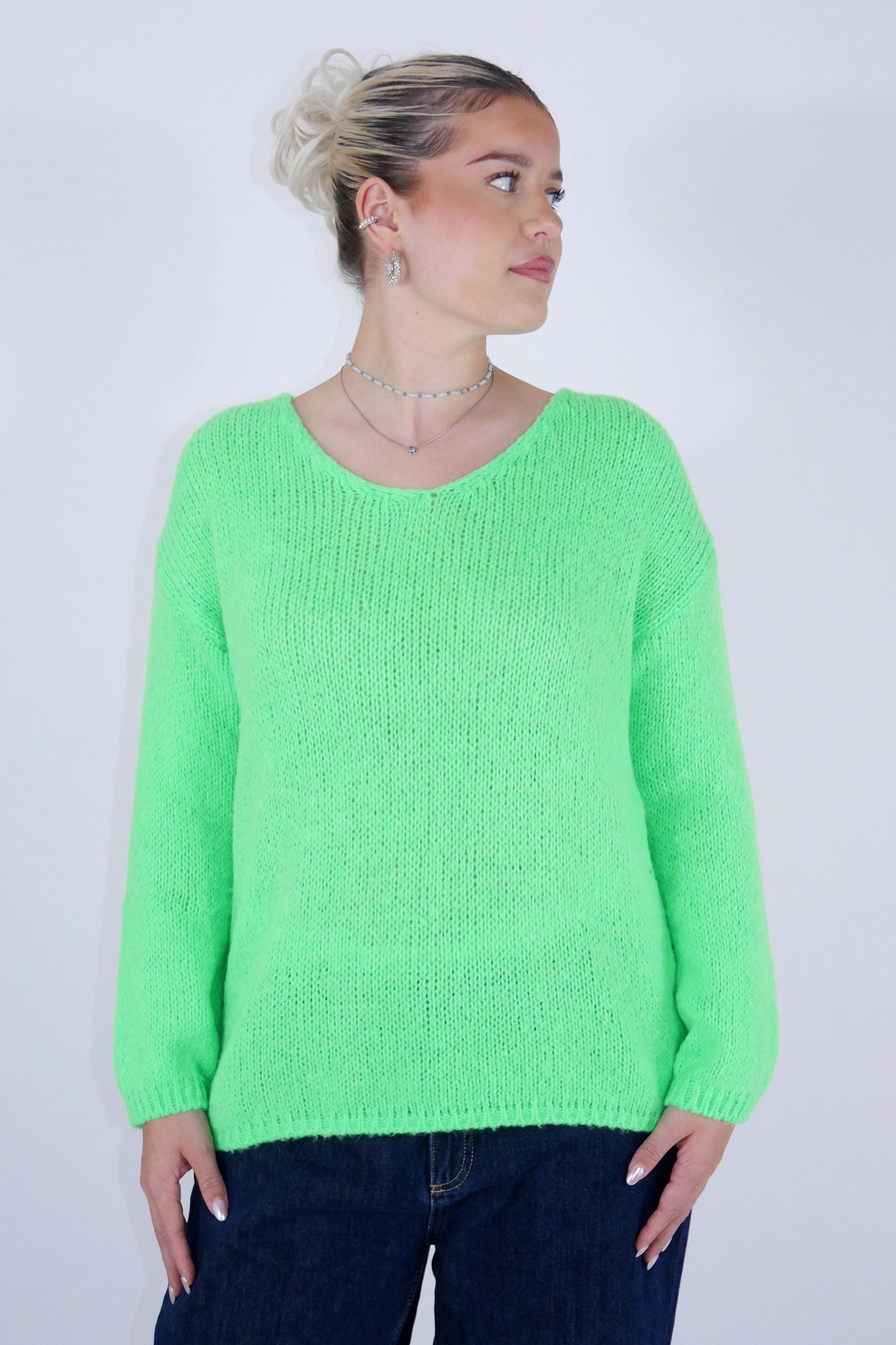 Flair - Strick Pullover mit V-Ausschnitt - Neon Lime-Grün