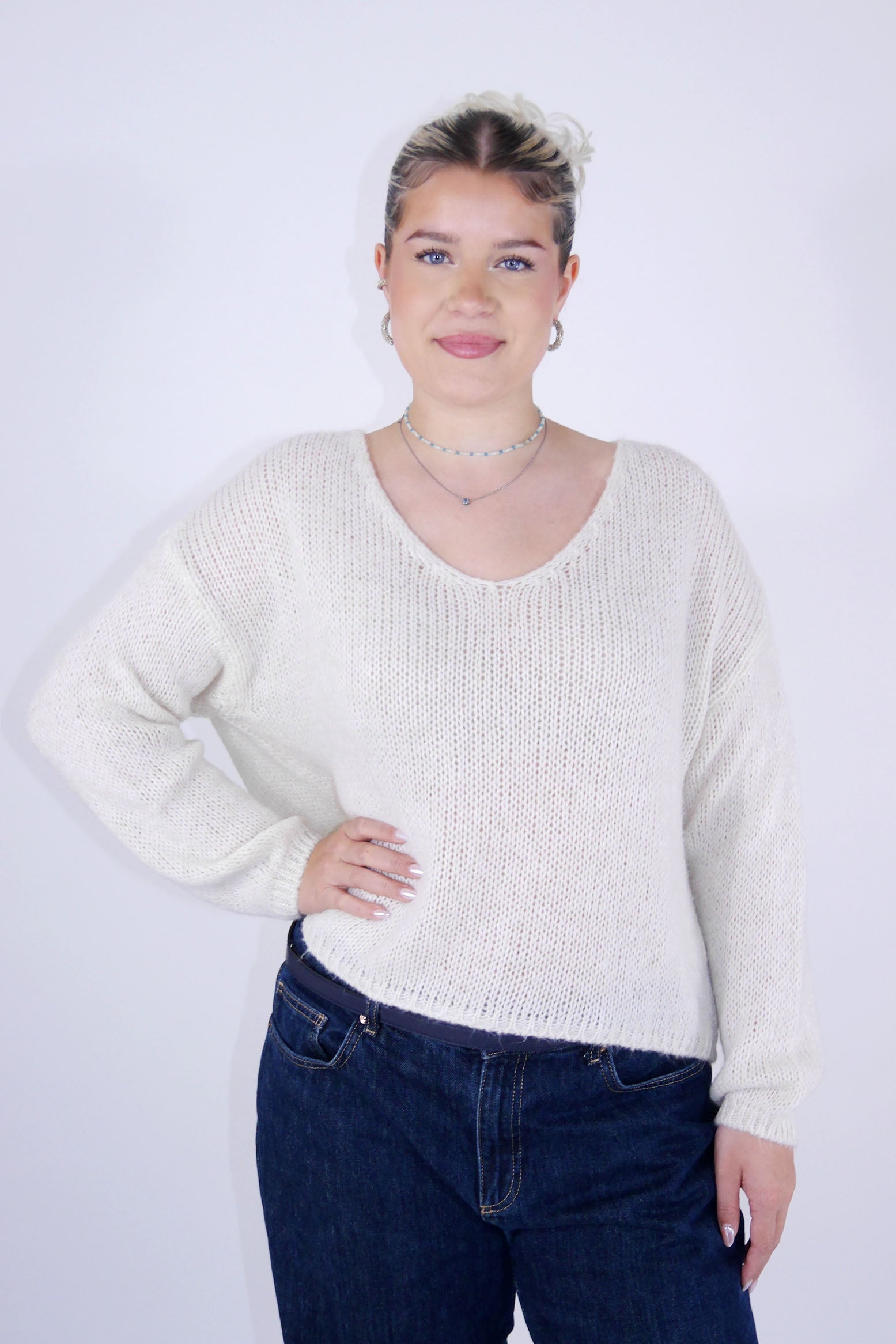 Flair - Strick Pullover mit V-Ausschnitt (kurz) - Beige
