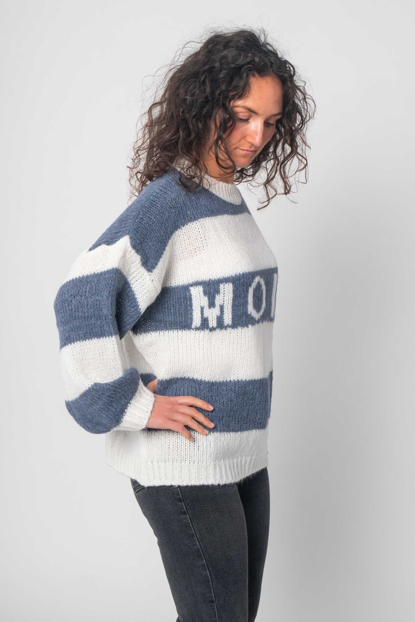 Flair - Pullover "Moin" mit Streifen - Weiß/Blau