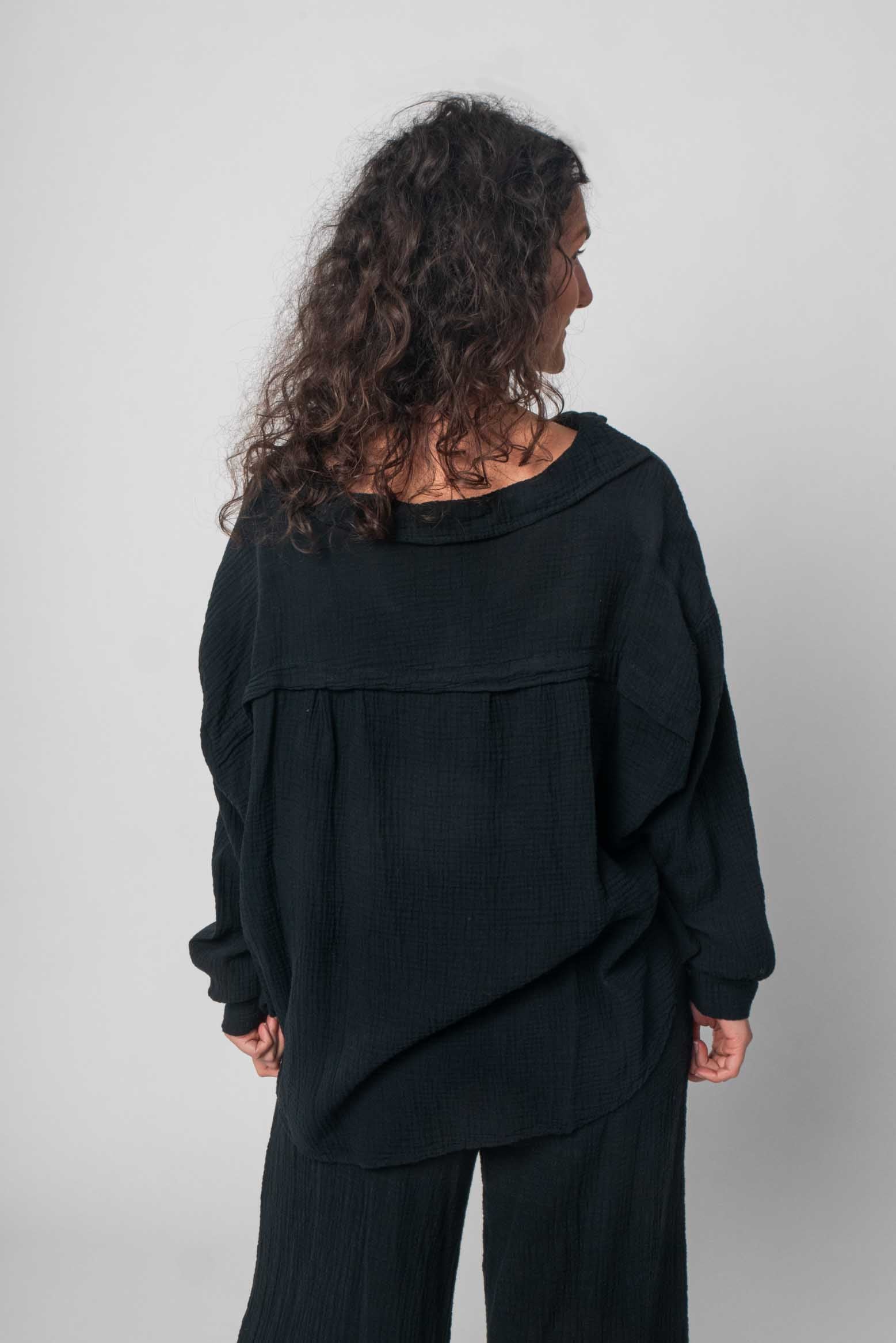 Lisa Style - Musselin Zweiteiler (Bluse mit Hose) - Schwarz