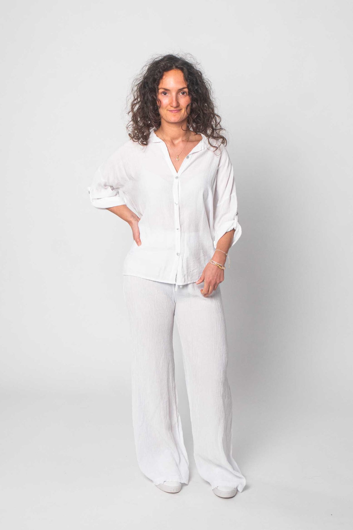 DressWithClass Bequemer Viskose Zweiteiler (Bluse mit Hose) - Weiß