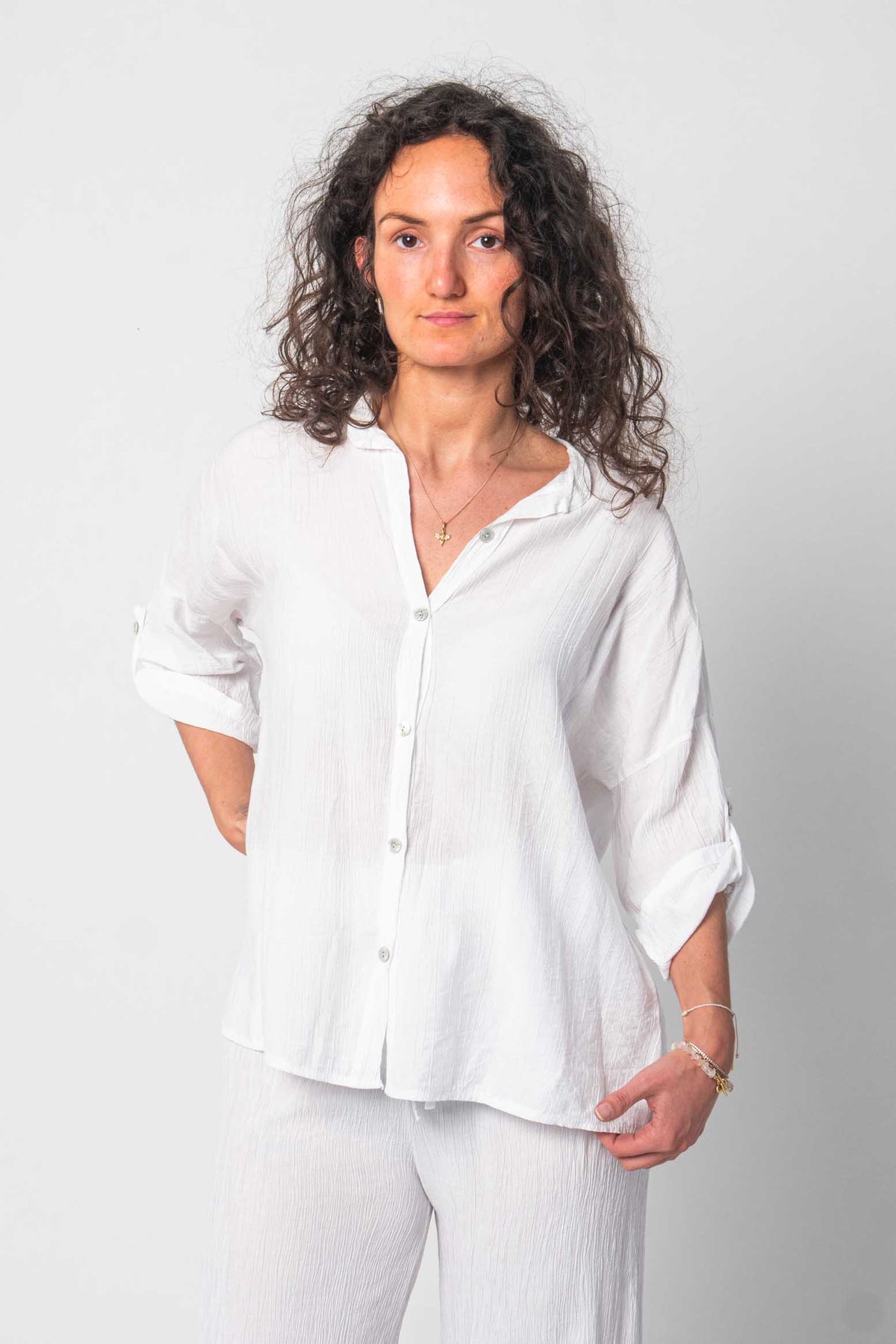 DressWithClass Bequemer Viskose Zweiteiler (Bluse mit Hose) - Weiß