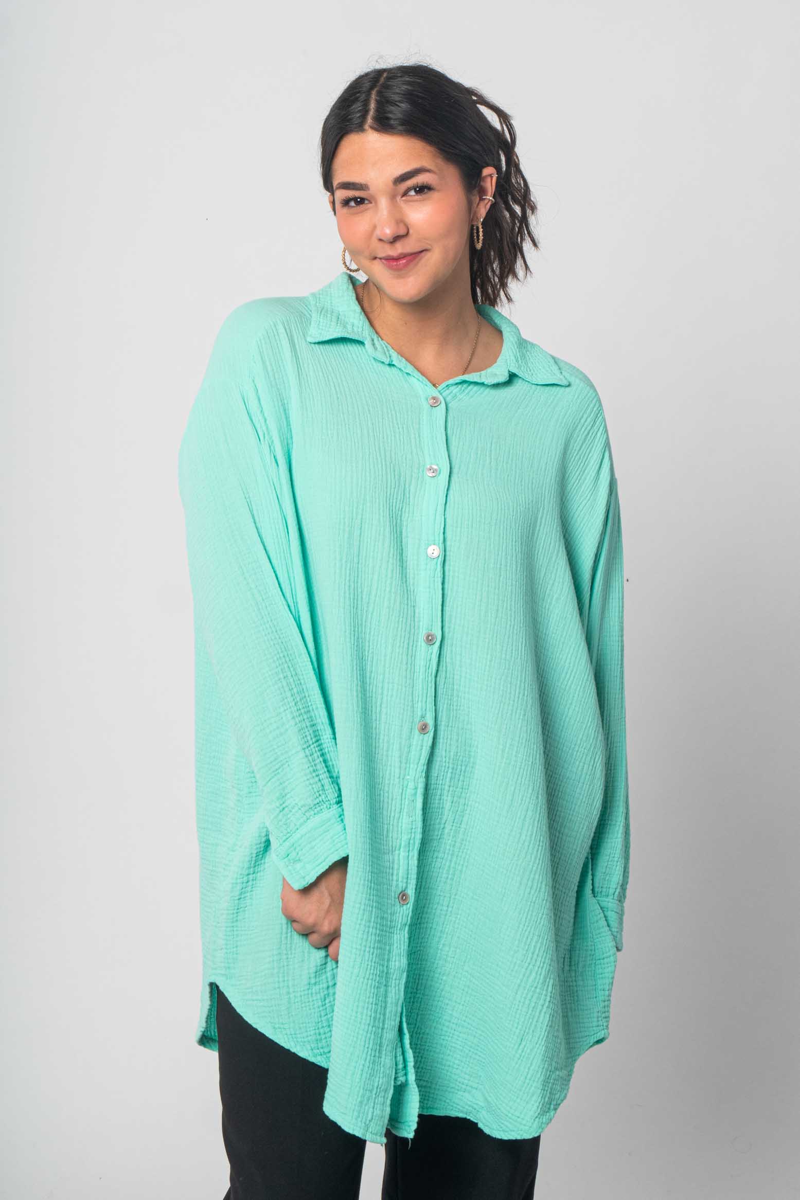 Musselin Bluse Oversized mit Knopfleiste - Türkis/Mint
