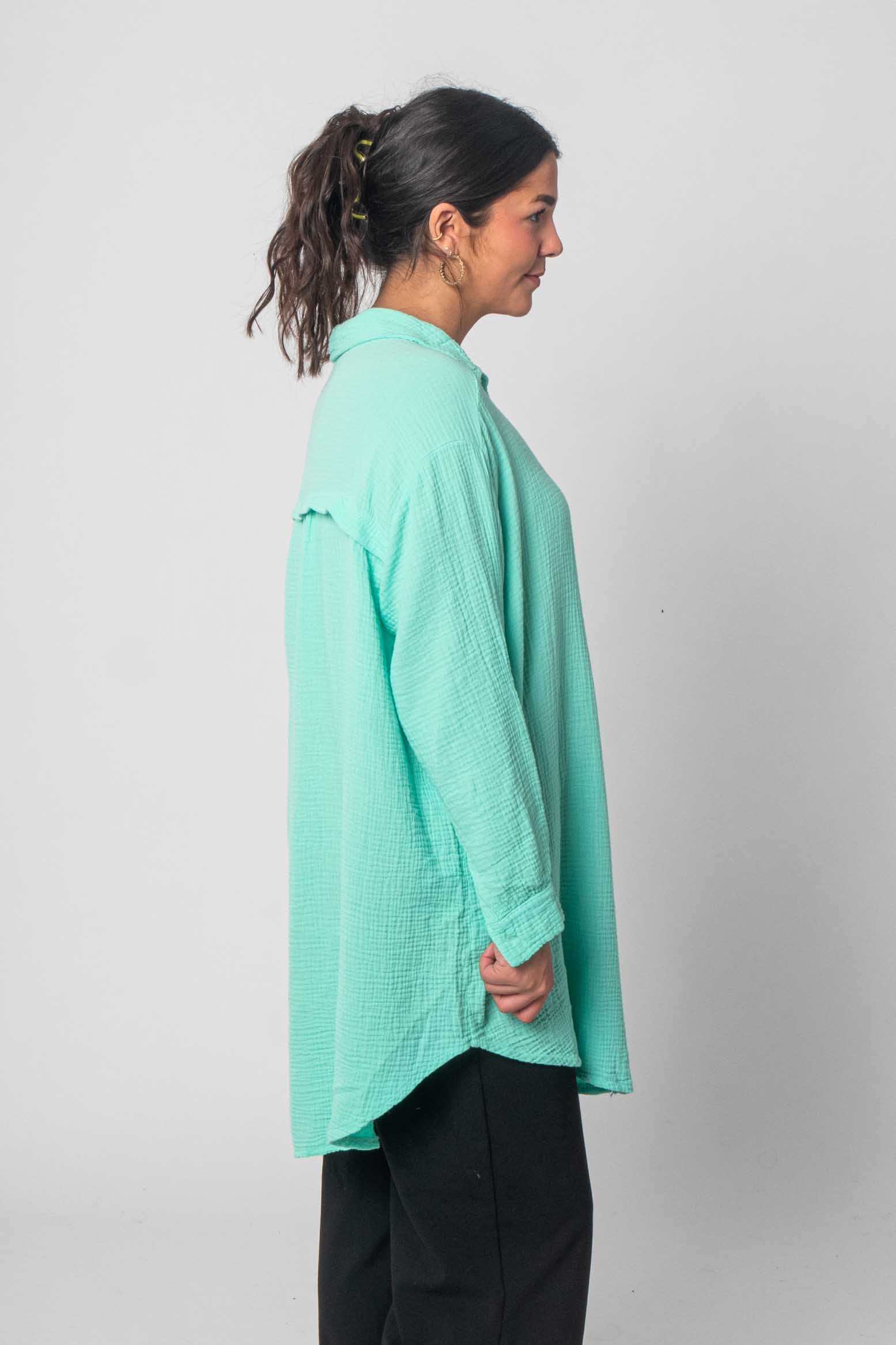 Musselin Bluse Oversized mit Knopfleiste - Türkis/Mint