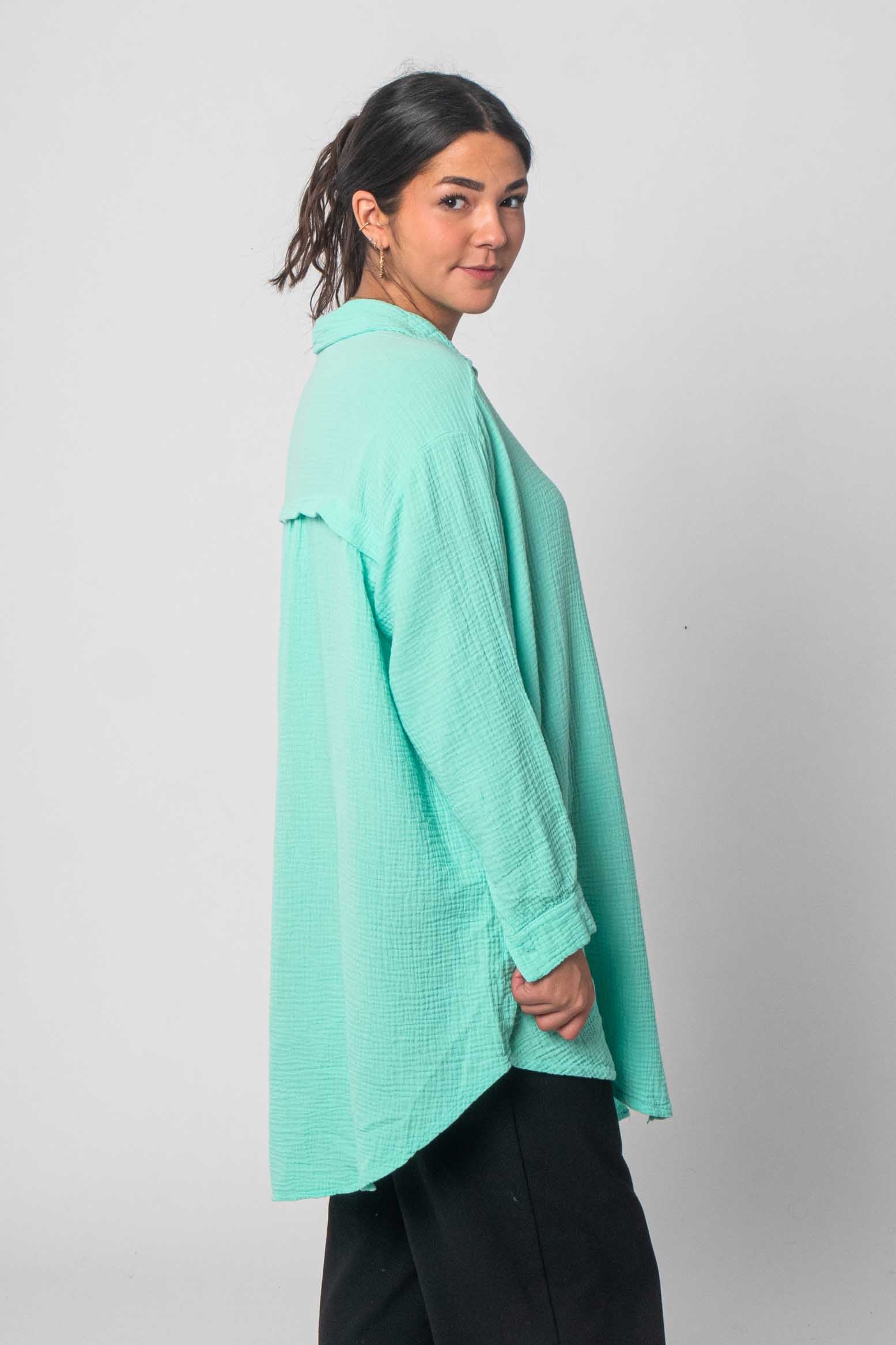 Musselin Bluse Oversized mit Knopfleiste - Türkis/Mint