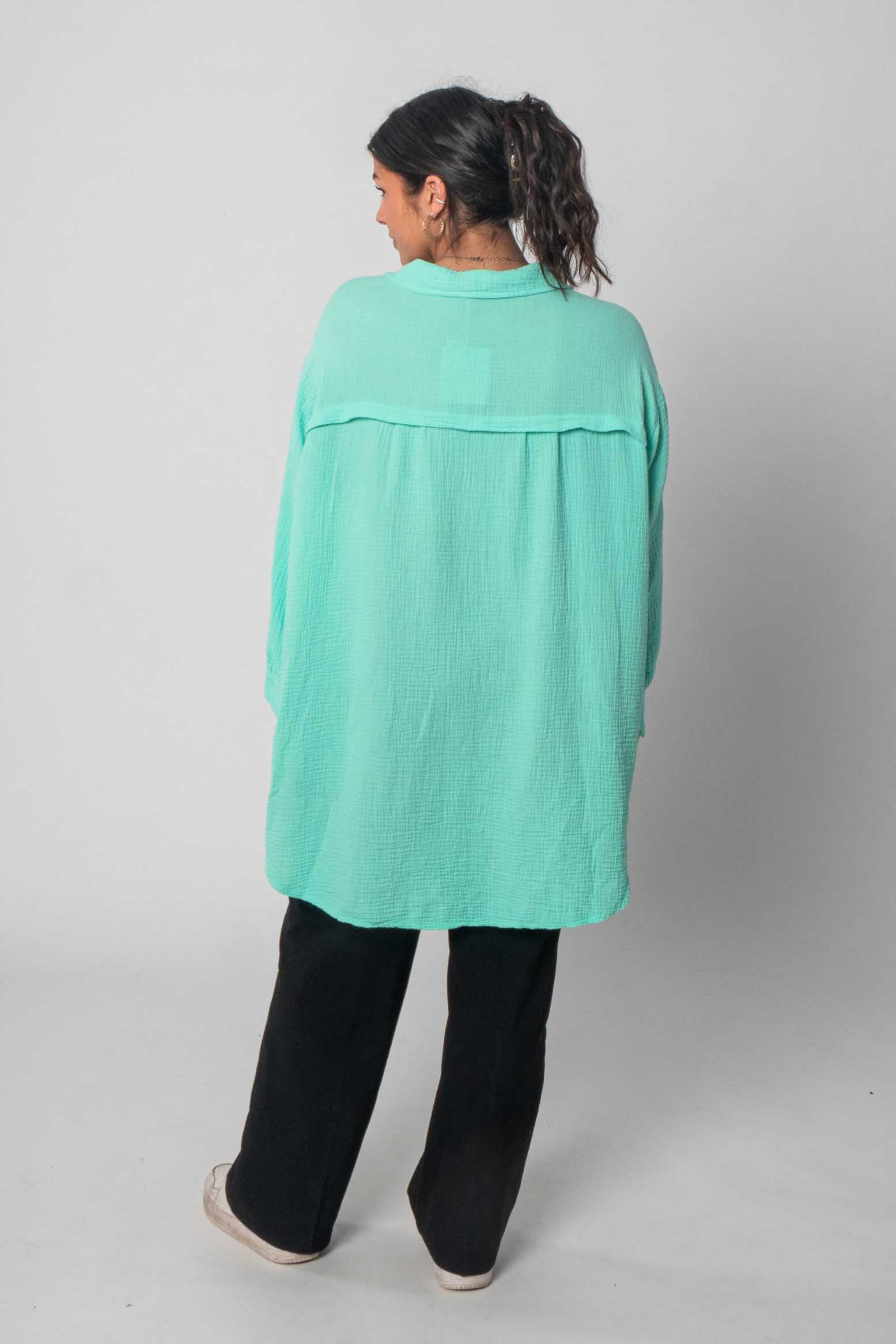 Musselin Bluse Oversized mit Knopfleiste - Türkis/Mint