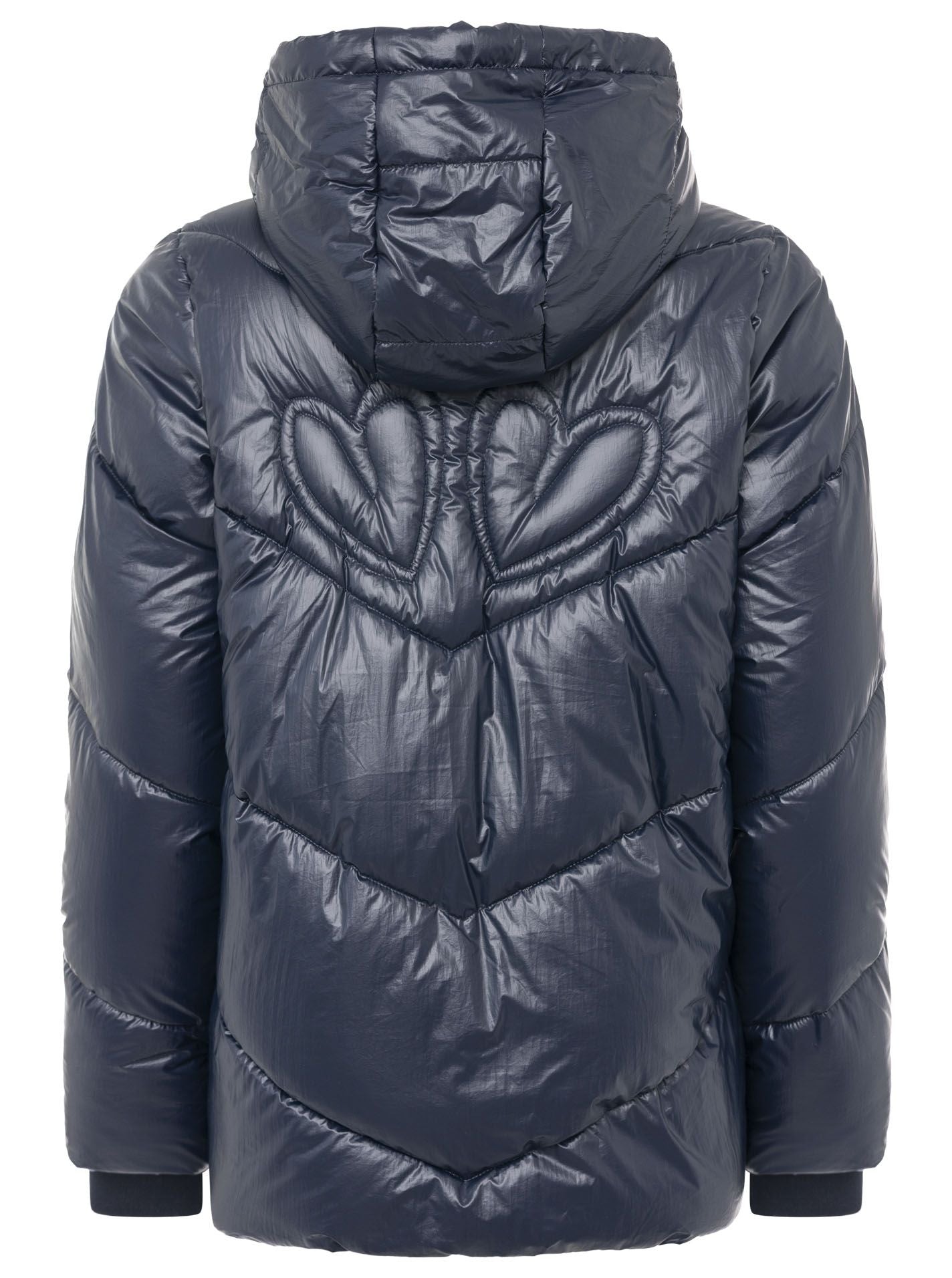 Zwillingsherz Steppjacke mit Kapuze in Metallic-Marine – Rückansicht mit großem Love-Motiv