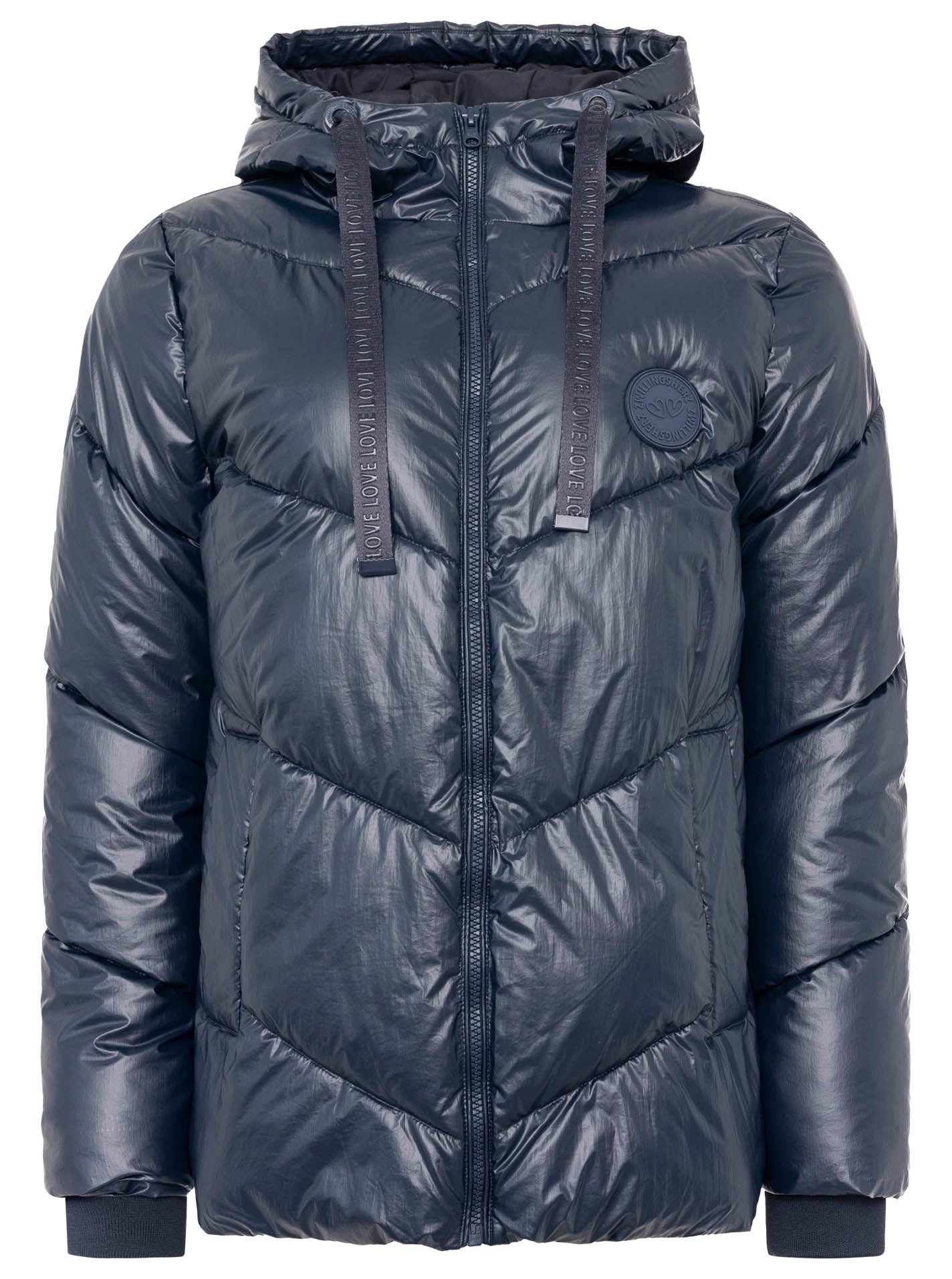 Zwillingsherz Steppjacke mit Kapuze in Metallic-Marine – Vorderansicht mit Love-Motiv und seitlichen Taschen