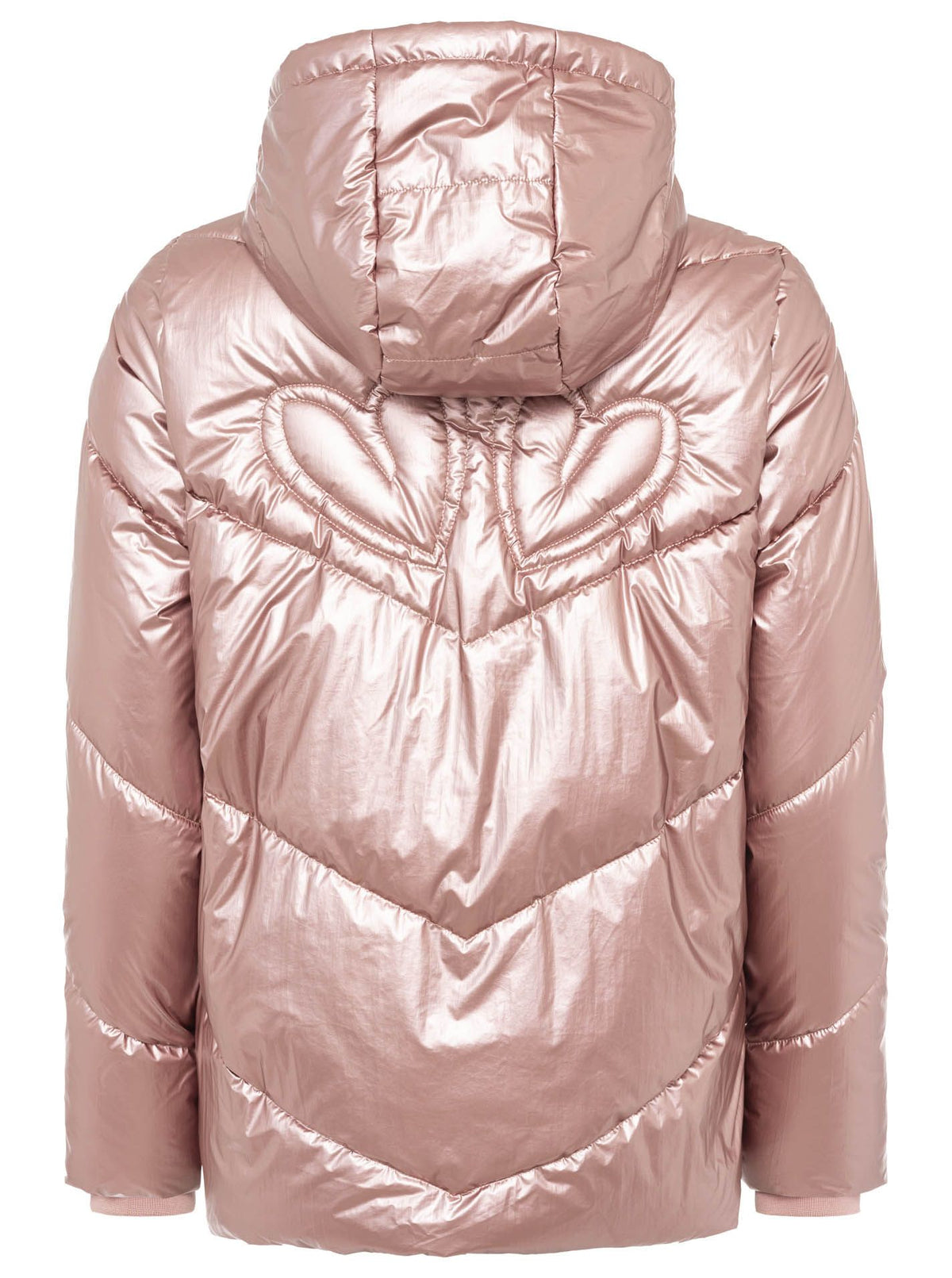 Zwillingsherz Steppjacke mit Kapuze in Metallic-Rosa – Rückansicht mit großem Love-Motiv