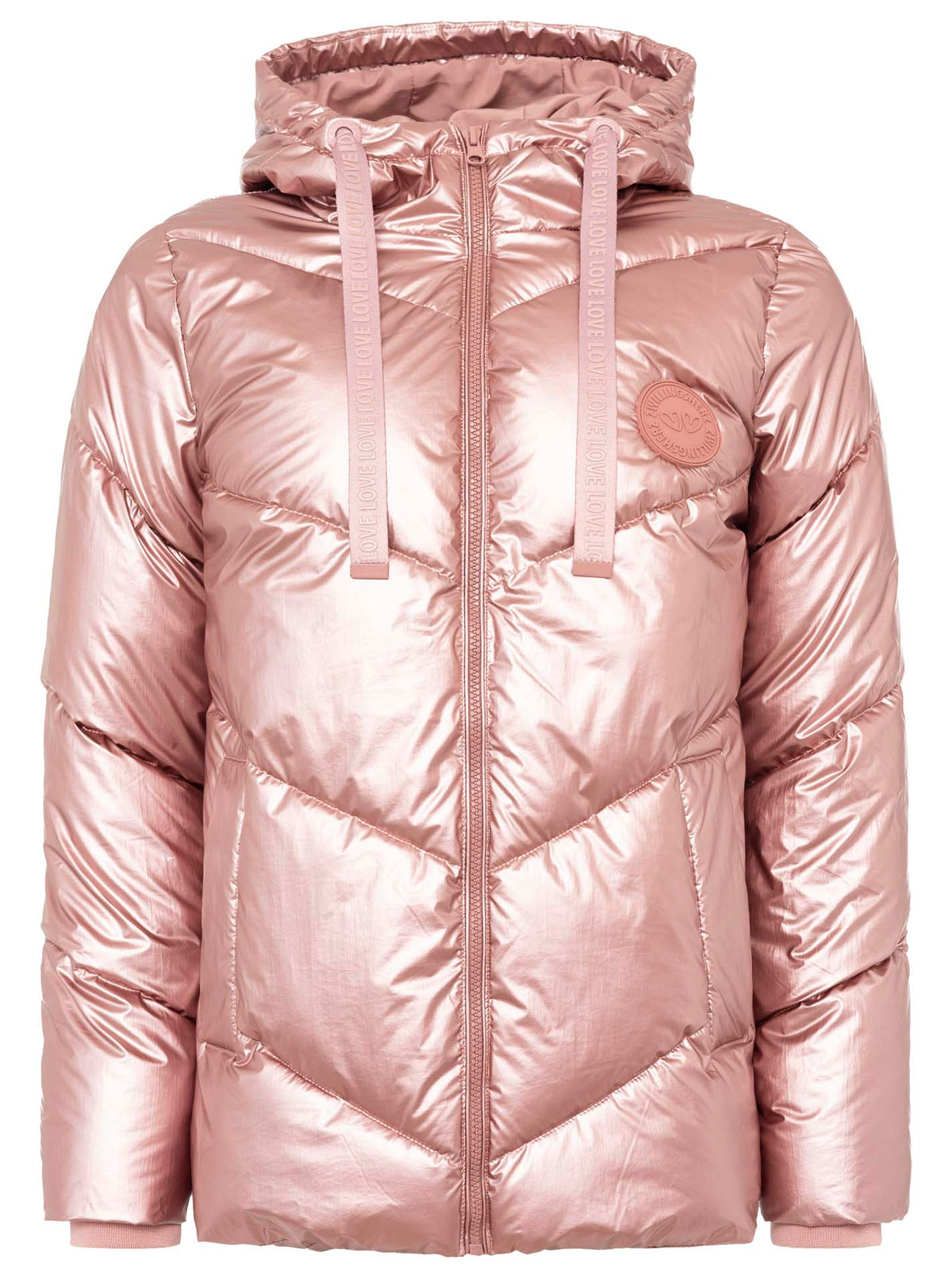 Zwillingsherz Steppjacke mit Kapuze in Metallic-Rosa – Vorderansicht mit Love-Motiv und seitlichen Taschen