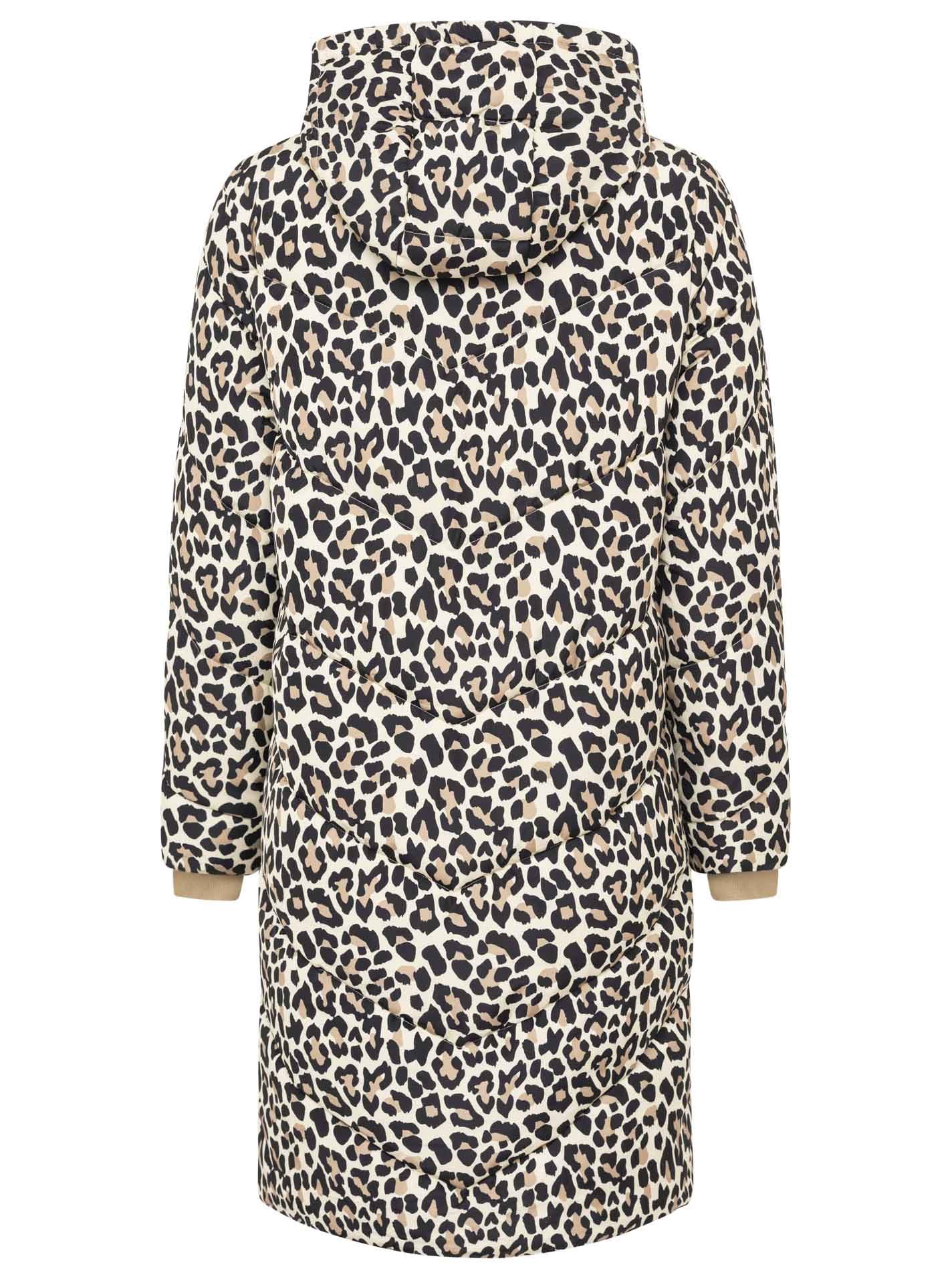 Zwillingsherz Steppmantel Allover Leopard in Beige-Schwarz – Rückansicht